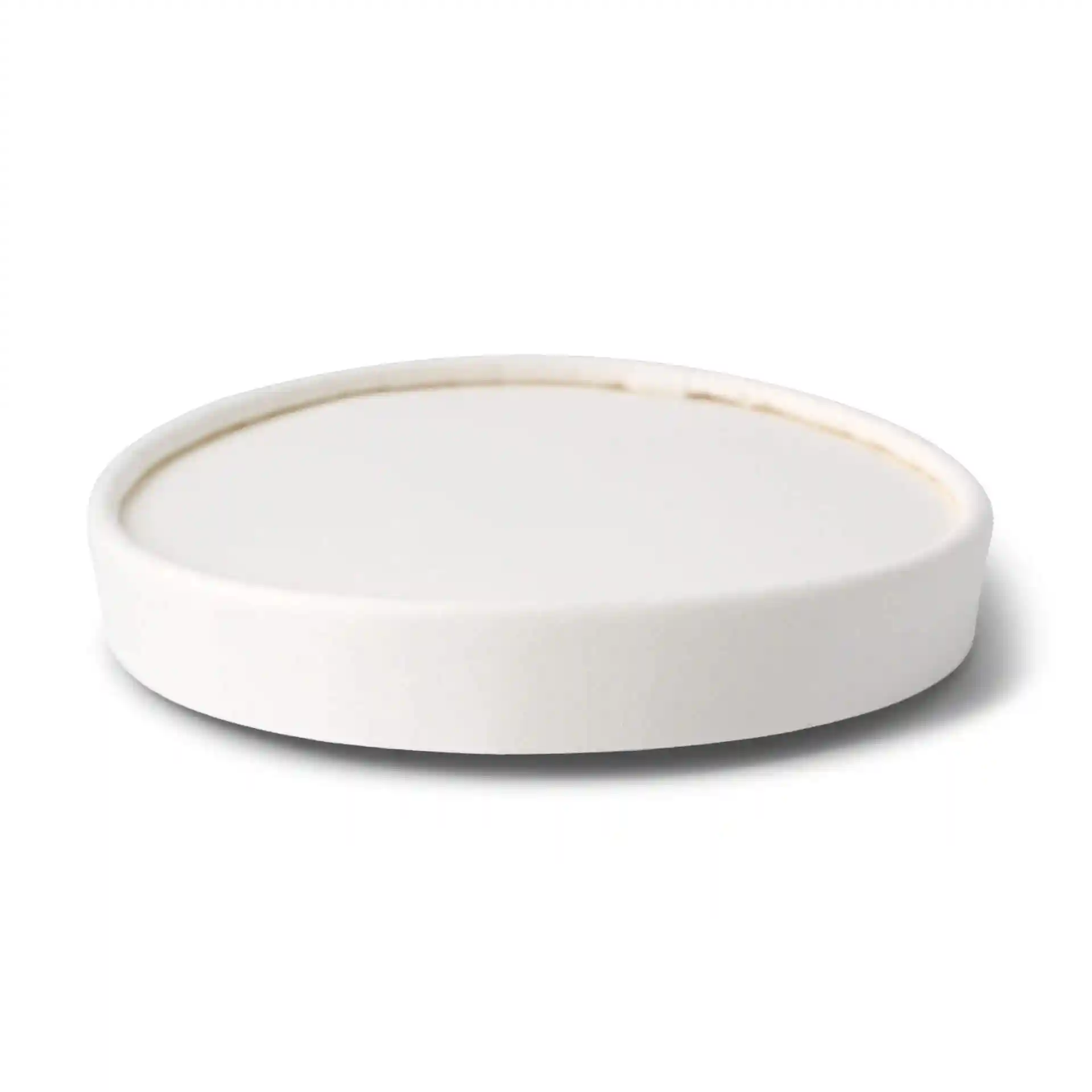White round cardboard lid for ice cream tubs, measuring 93 mm in diameter and 14 mm in height.