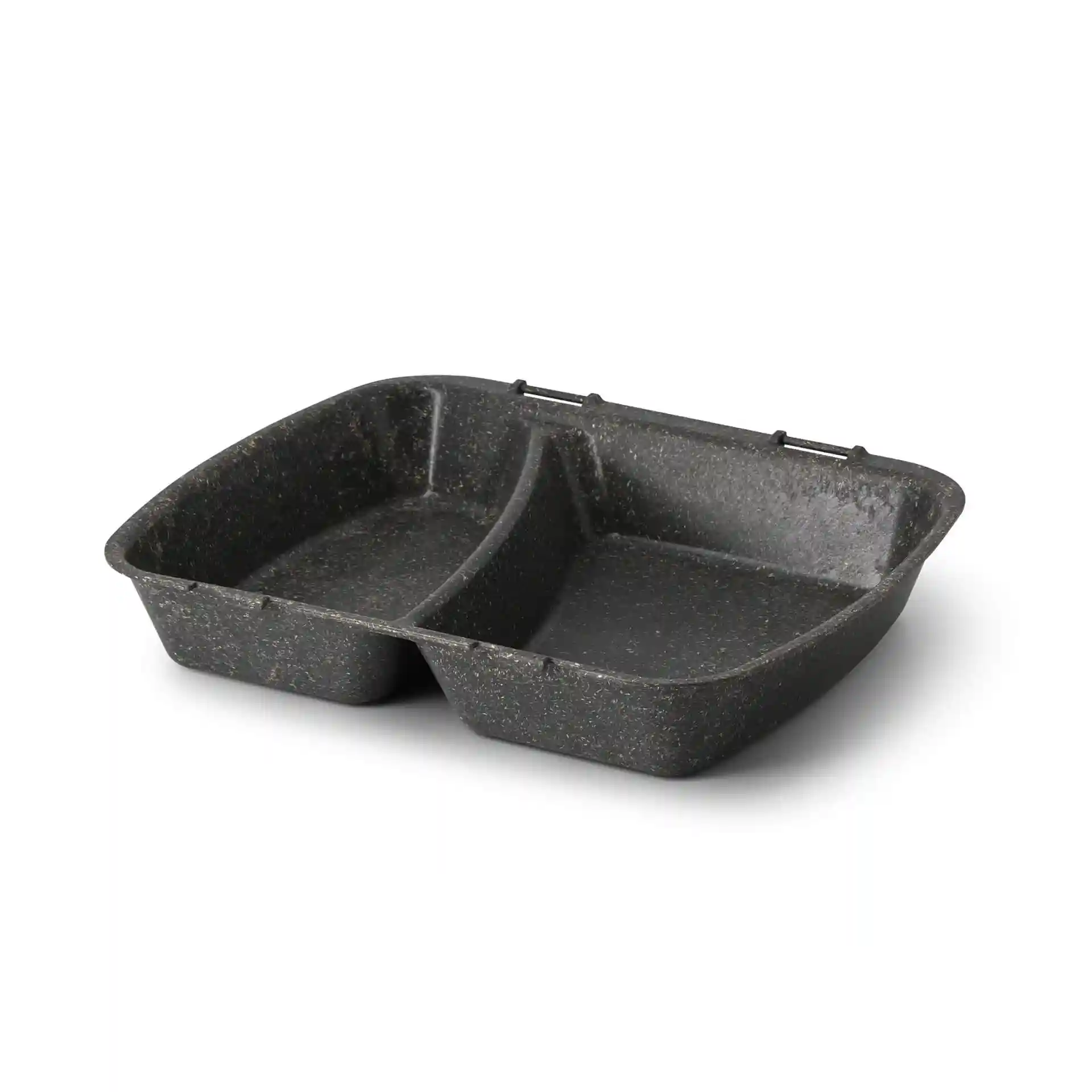 Reusable meal container with two compartments, grey color, dimensions 24.5 x 20 x 4.5 cm.
