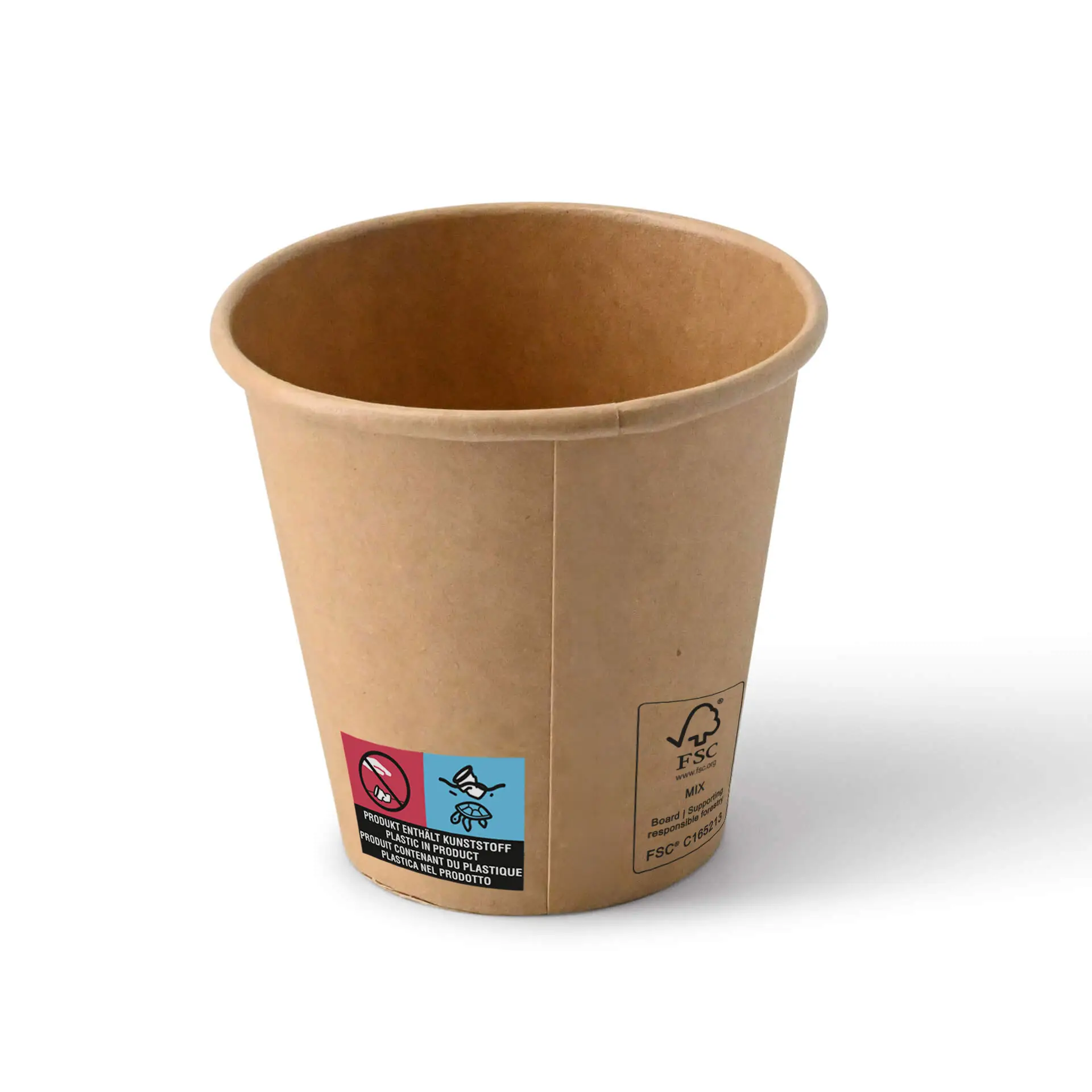 Brown 6 oz paper cup with a natural finish and labels indicating recyclable materials; suitable for various beverages.