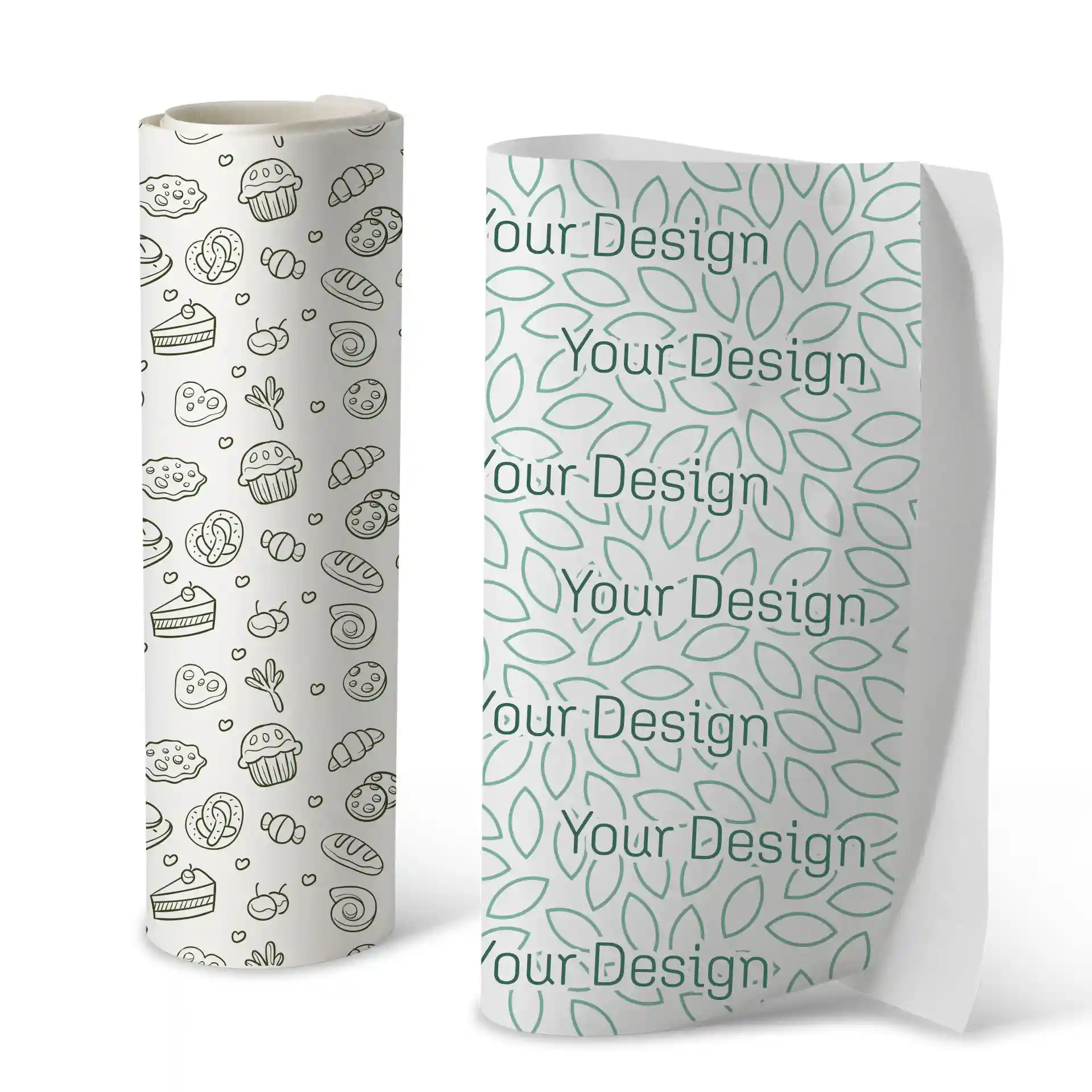 Wrapping paper roll with a white background featuring various baked goods and a second design with leaf patterns and text.