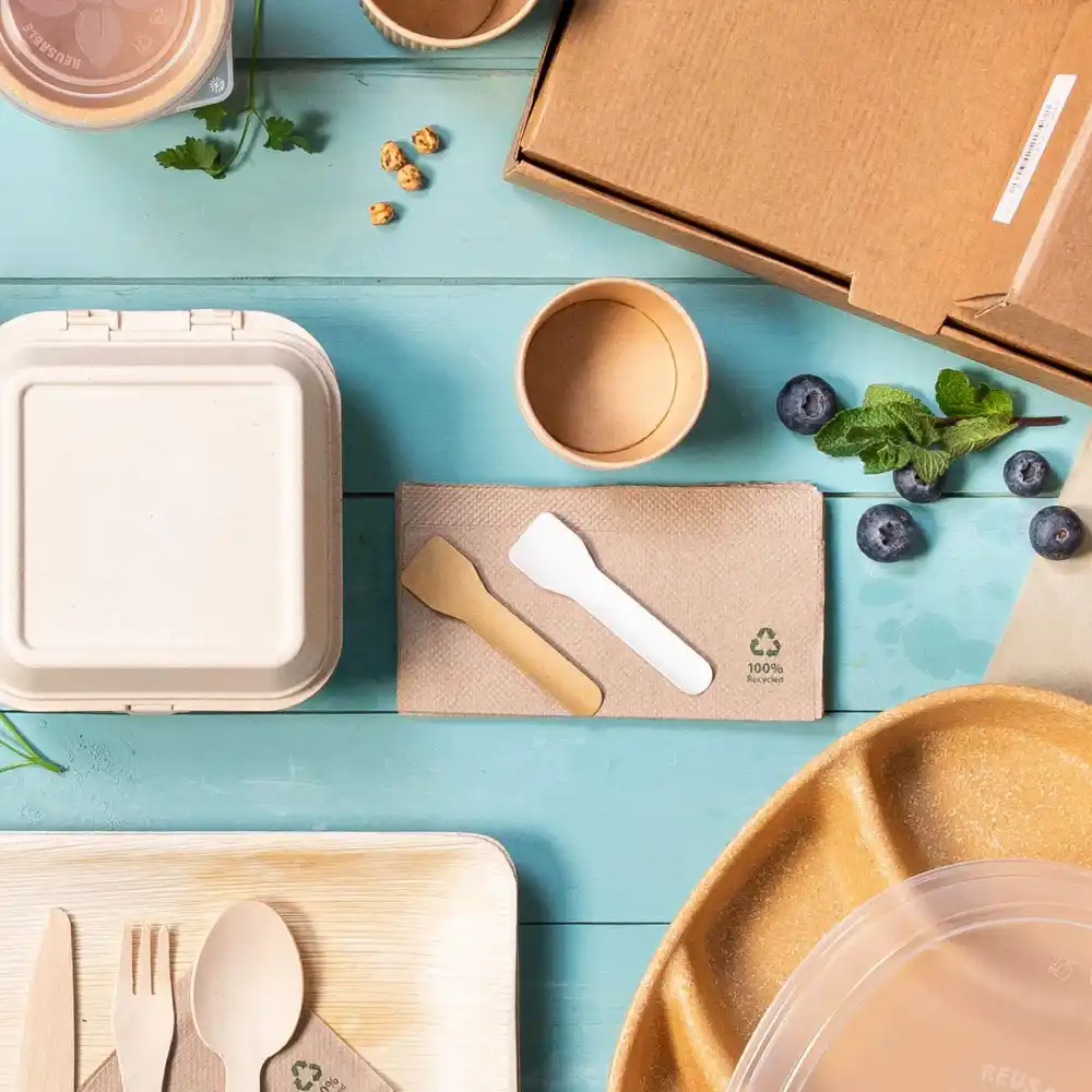 An assortment of eco-friendly food containers, utensils, and garnishes on a blue surface.