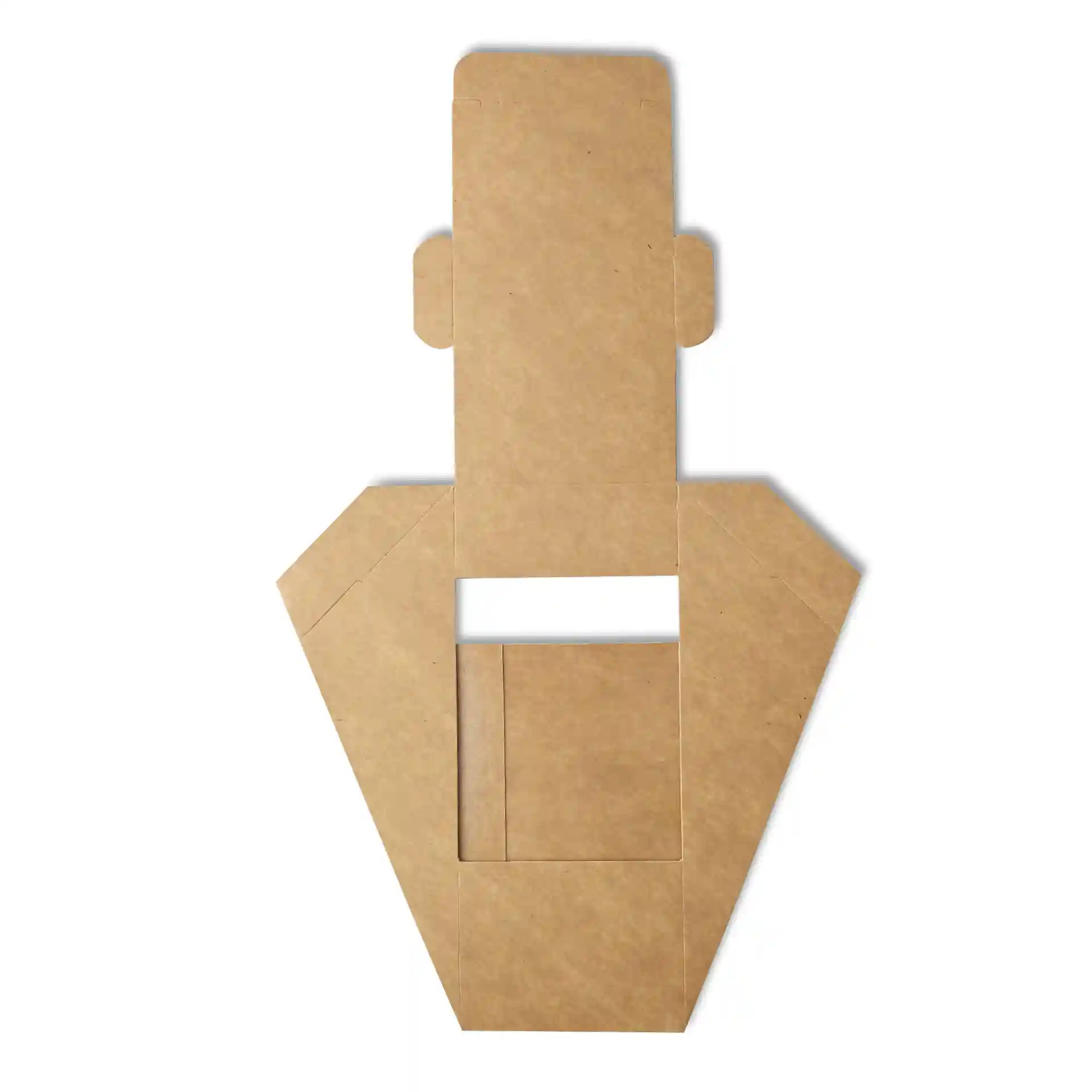 Schematic drawing of a triangular cardboard sandwich wedge with a PLA window, shown in brown color.