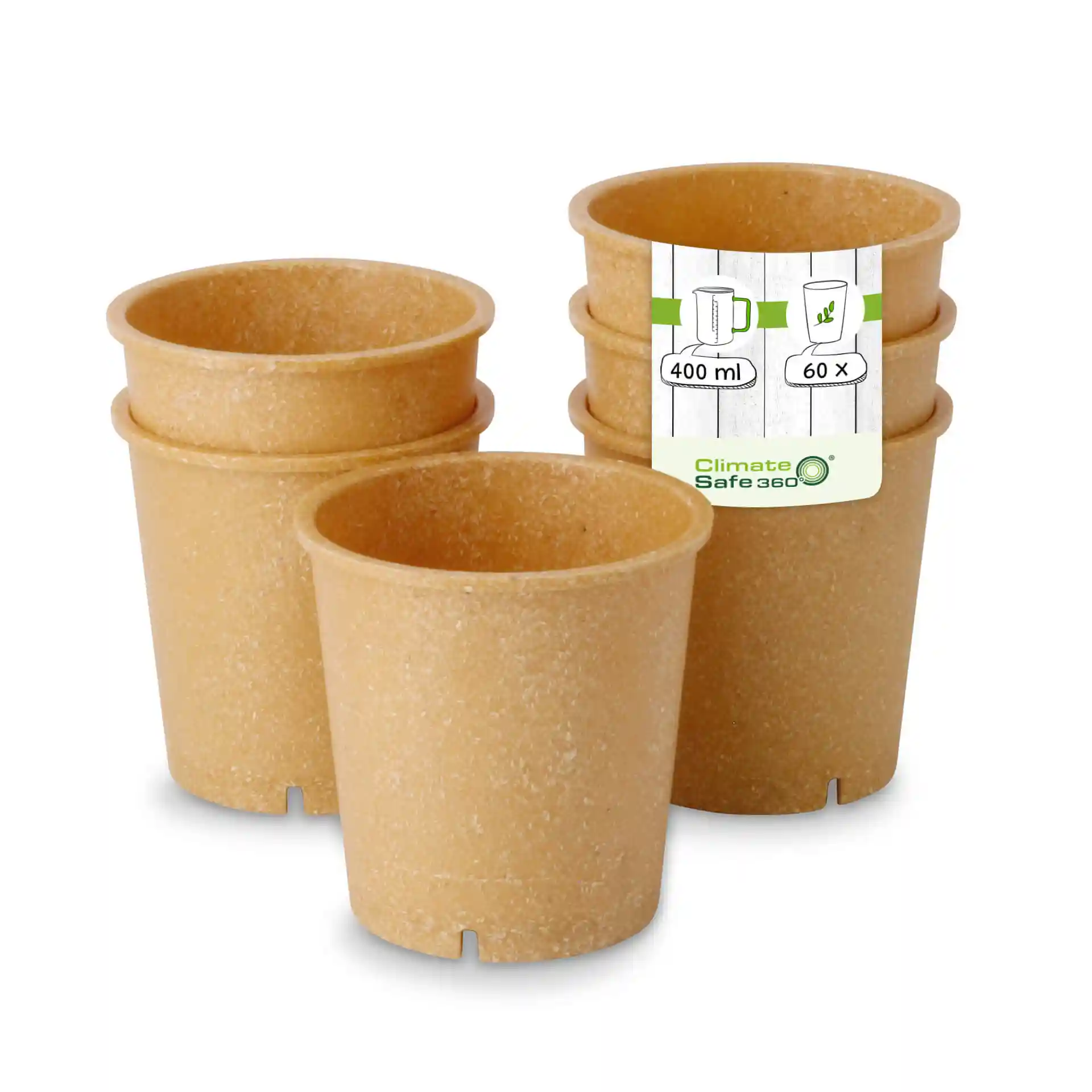 Set of four reusable caramel brown cups, 400 ml capacity, with a label showing dimensions and quantity.