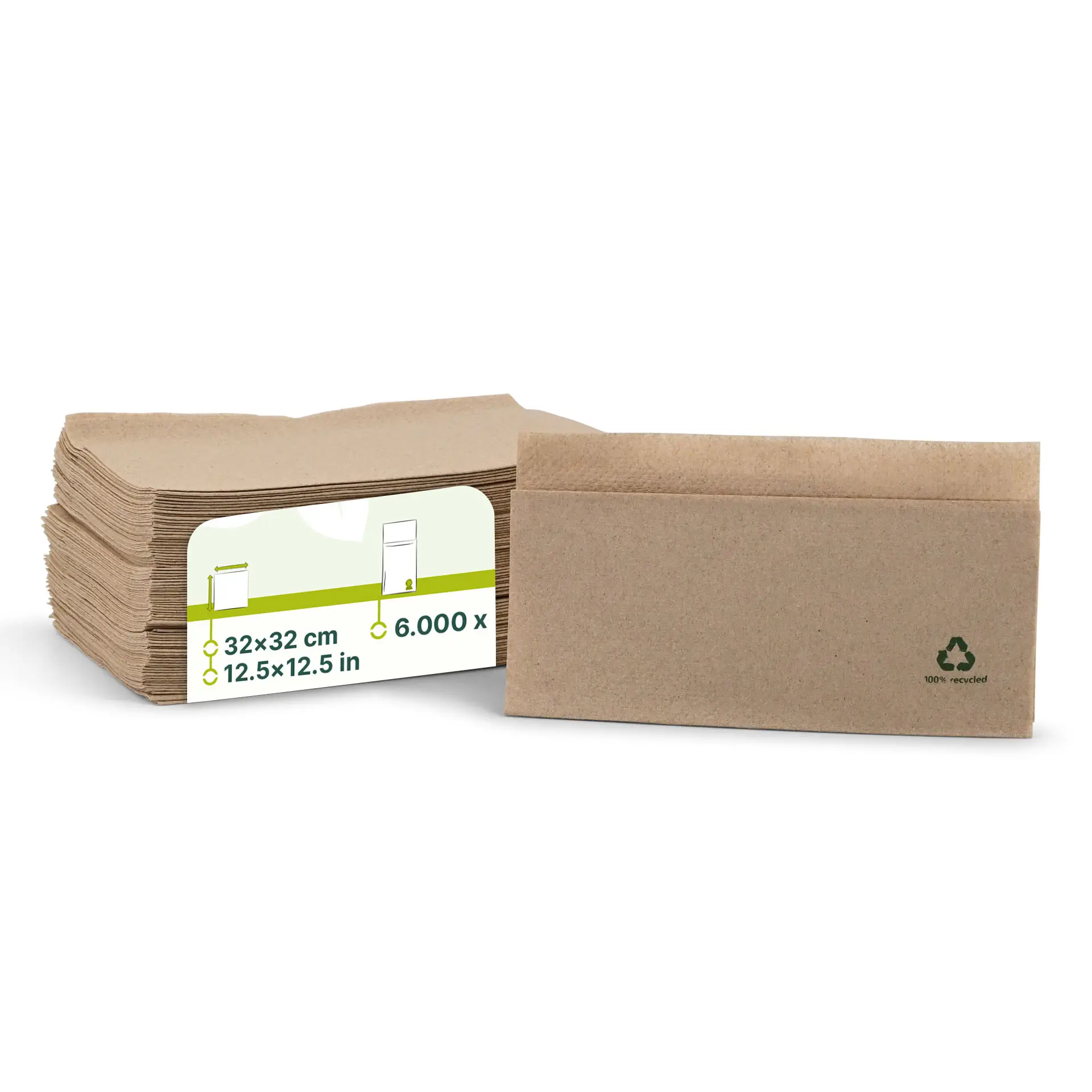 Stack of unbleached paper napkins, 32 x 32 cm, with a label showing product details and a recycling symbol.