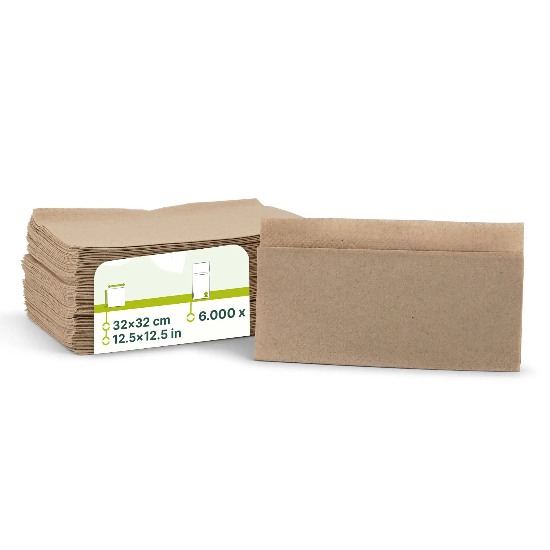 Stack of unbleached paper napkins, 32 x 32 cm, with a label showing product details and a recycling symbol.