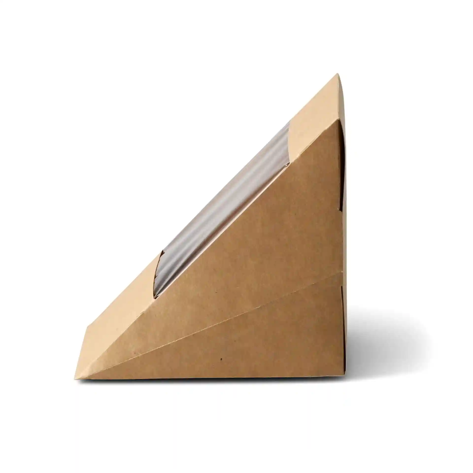 Braunes, dreieckiges Papp-Sandwich-Wedge mit PLA-Fenster, seitlich gezeigt.