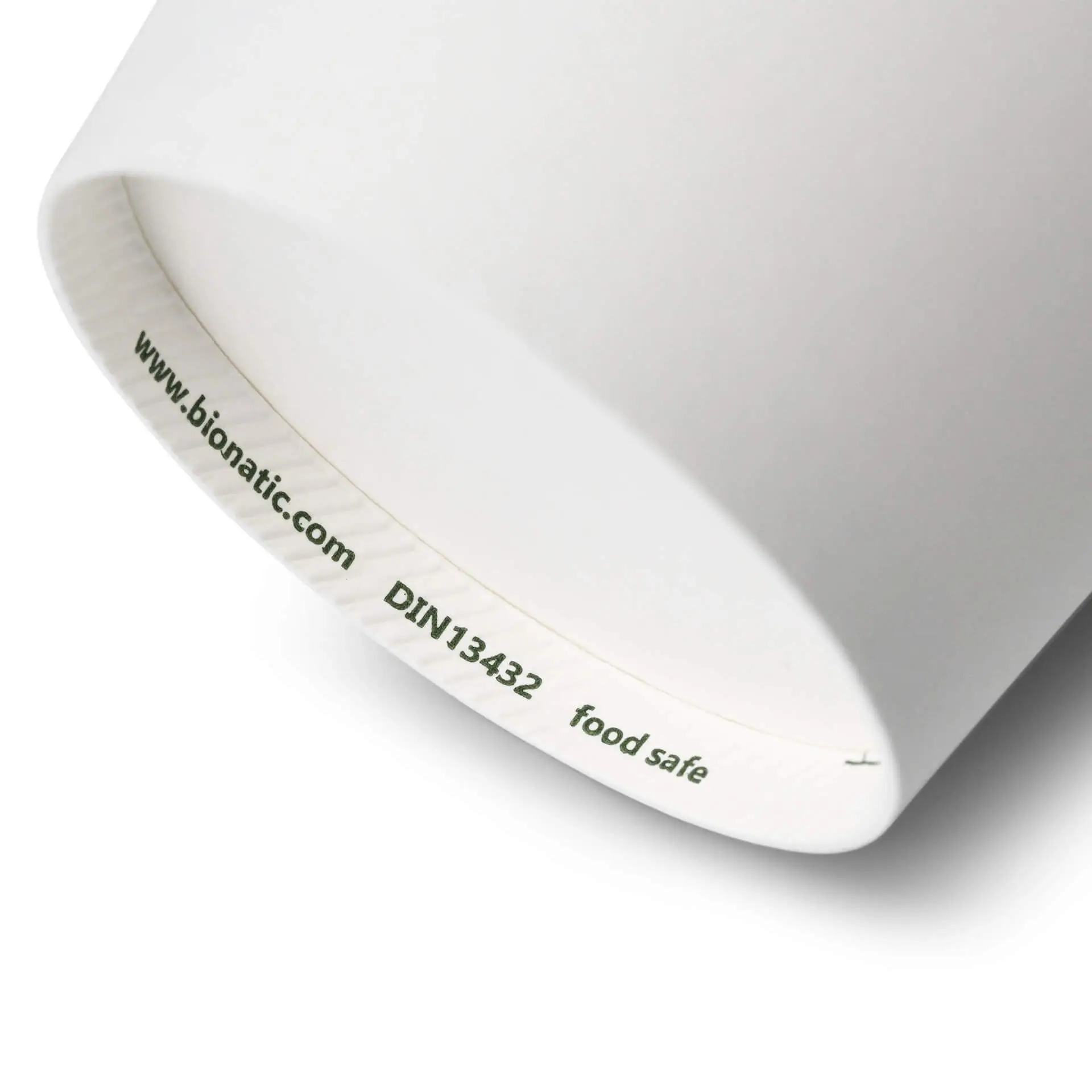 One white 12 oz paper cup with a PE coating; features markings indicating food safety and a web address.