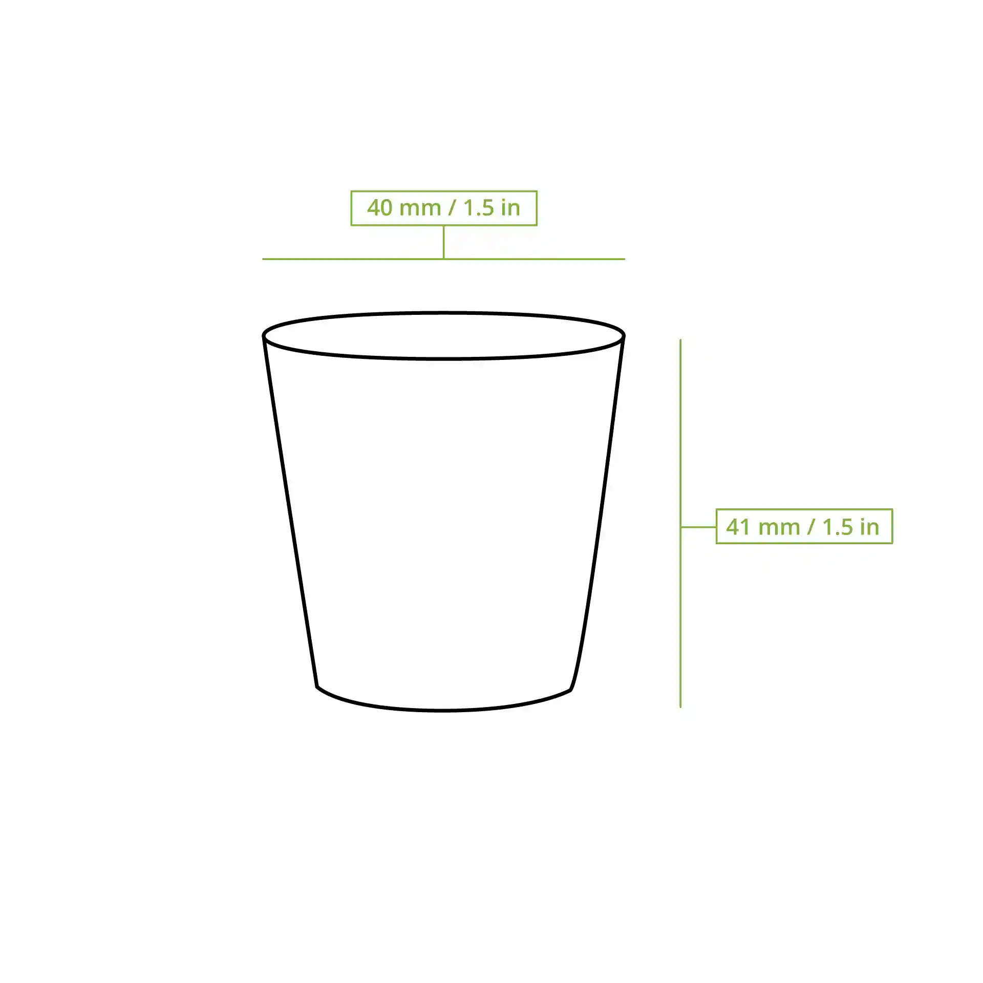 Schematische Zeichnung eines runden Papierbechers mit Maßen, Höhe 41 mm und oberer Durchmesser 40 mm.