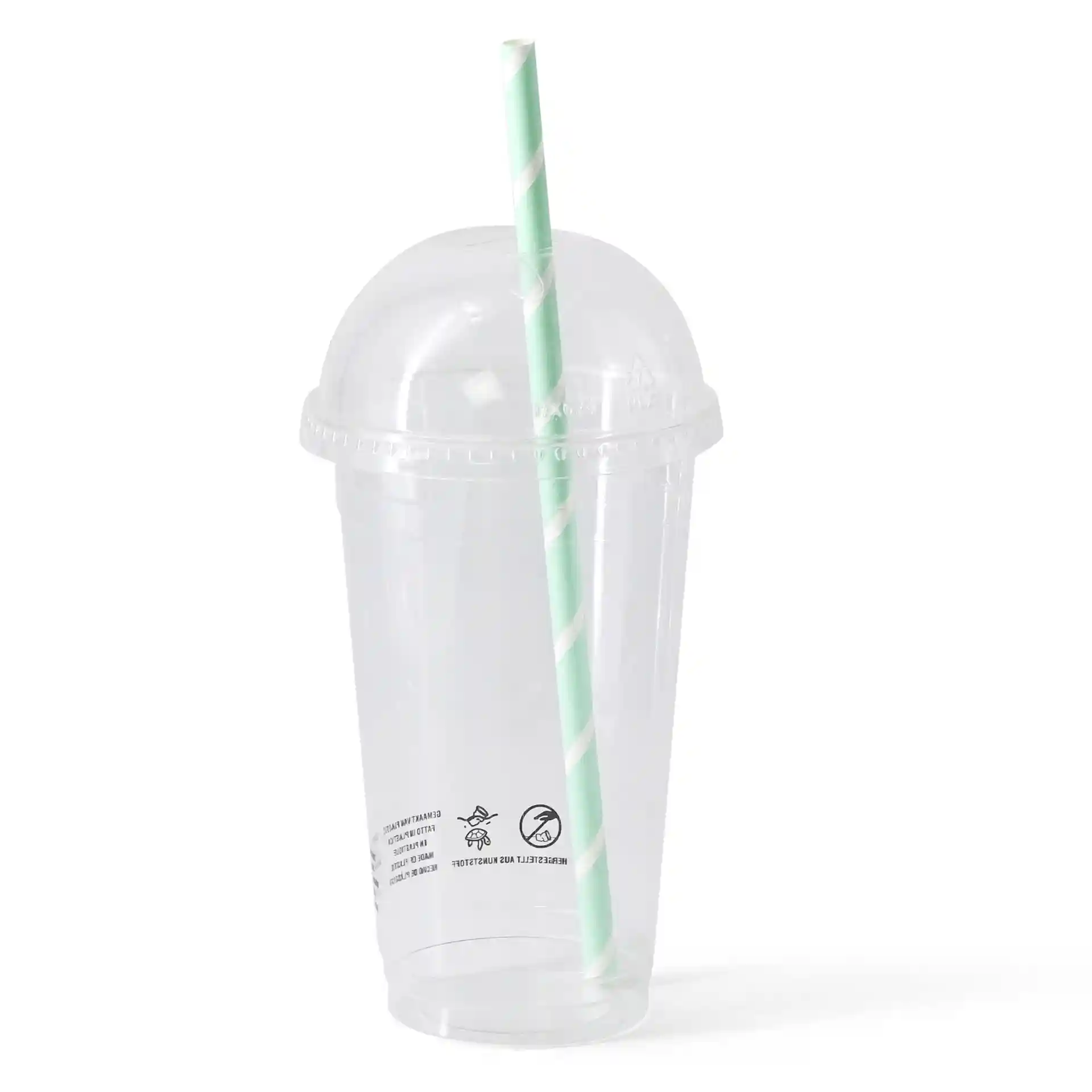 Clear plastic cup with a dome lid and a green striped straw, diameter of 95 mm at the top.