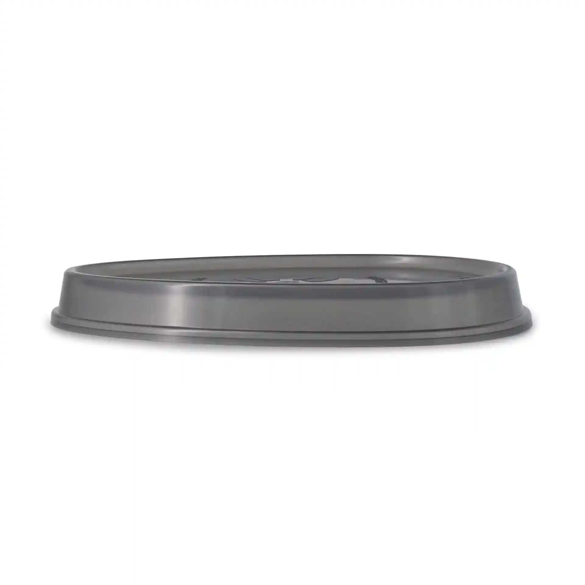 Grey oval reusable lid made of polypropylene, viewed from the side.