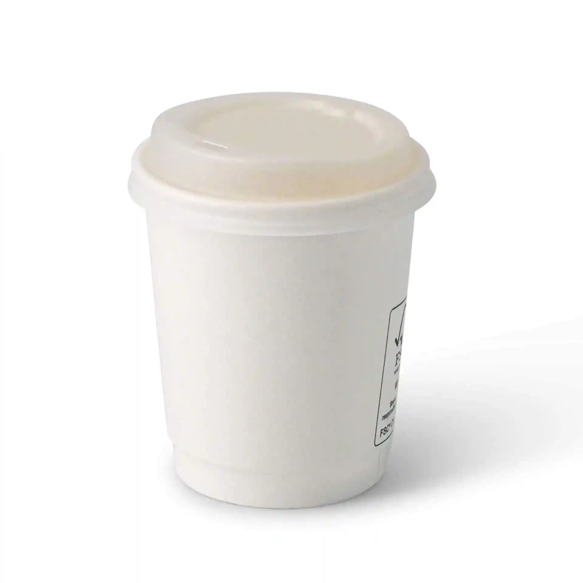 White cup with a lid, featuring a drinking hole, made of CPLA material.