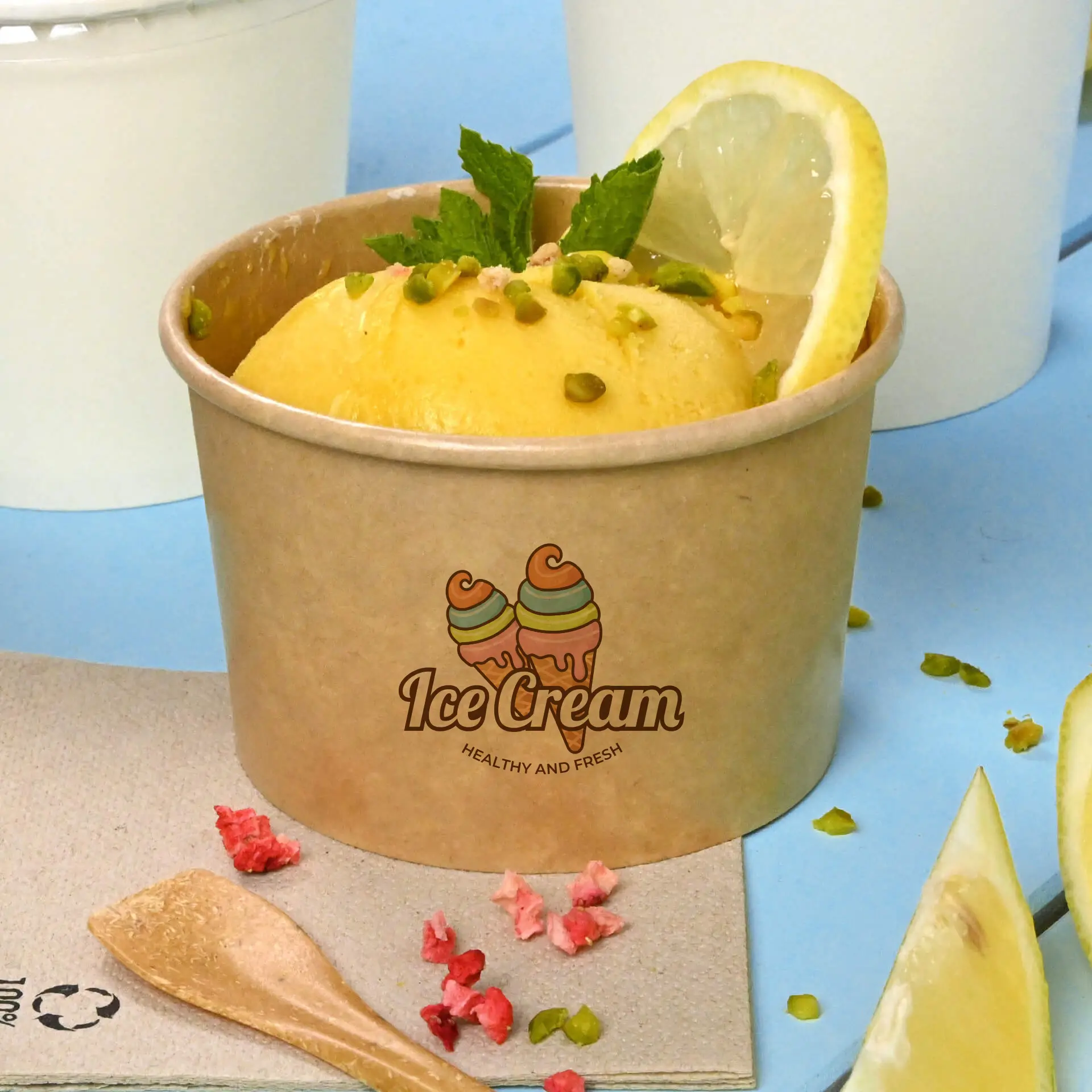 Custom printed brown ice cream cup with a scoop of lemon-flavored ice cream, garnished with mint and pistachio.