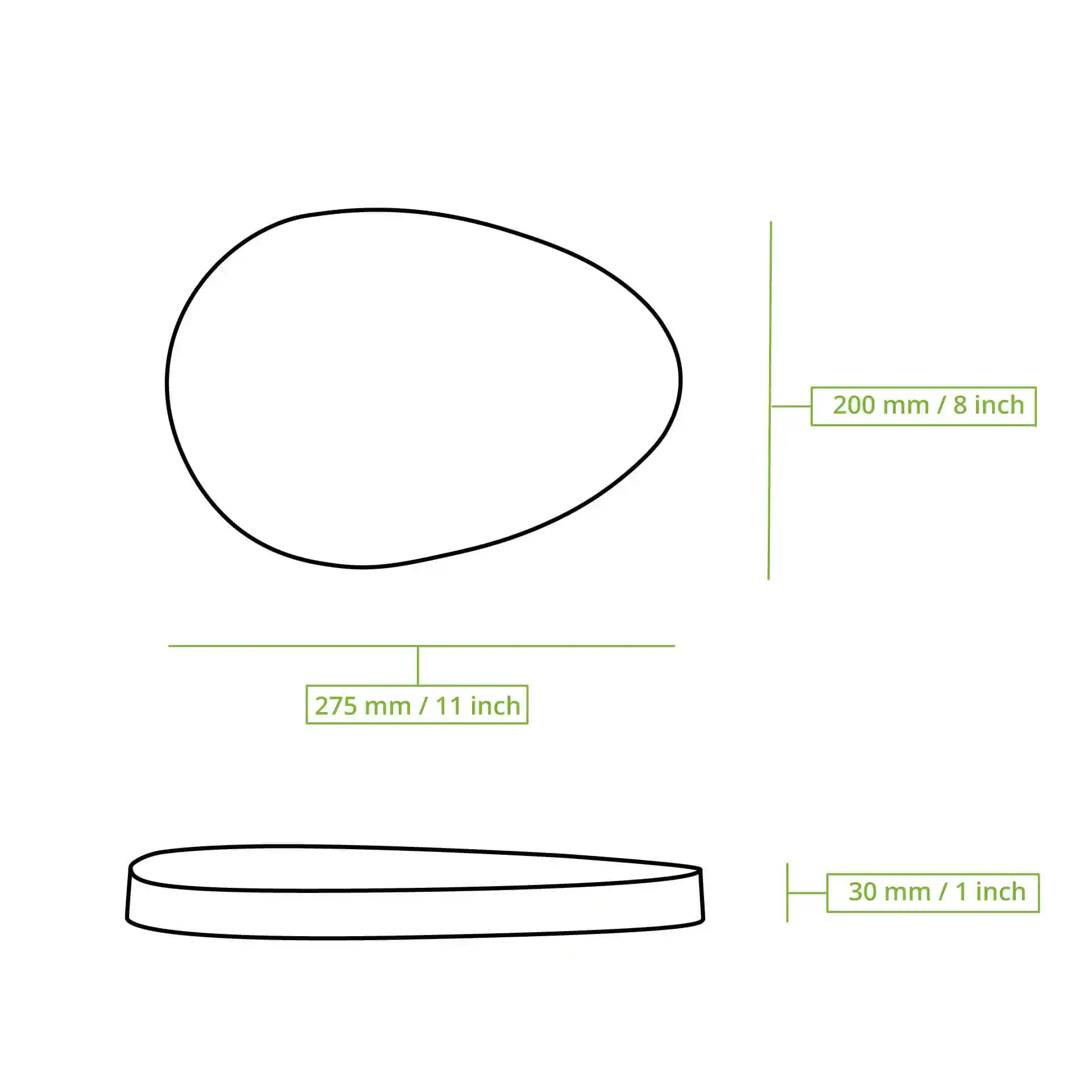 Schematic drawing of an oval reusable lid with dimensions 275 mm by 200 mm and height 30 mm.