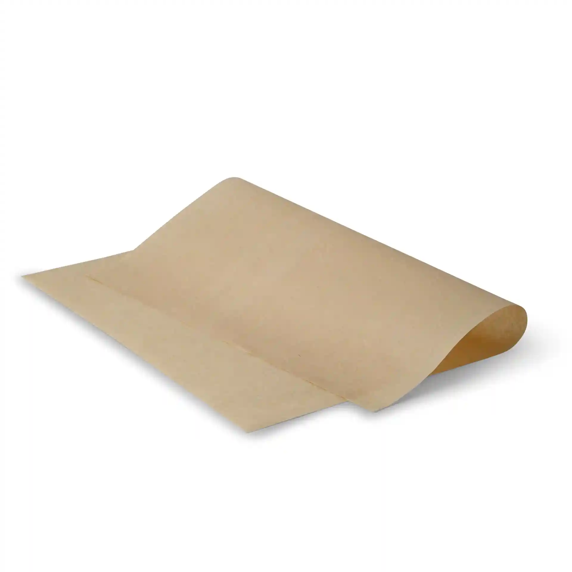 Brown kraft food wrapping paper sheet, measuring 43 x 33 cm, laid flat with a slight curve.