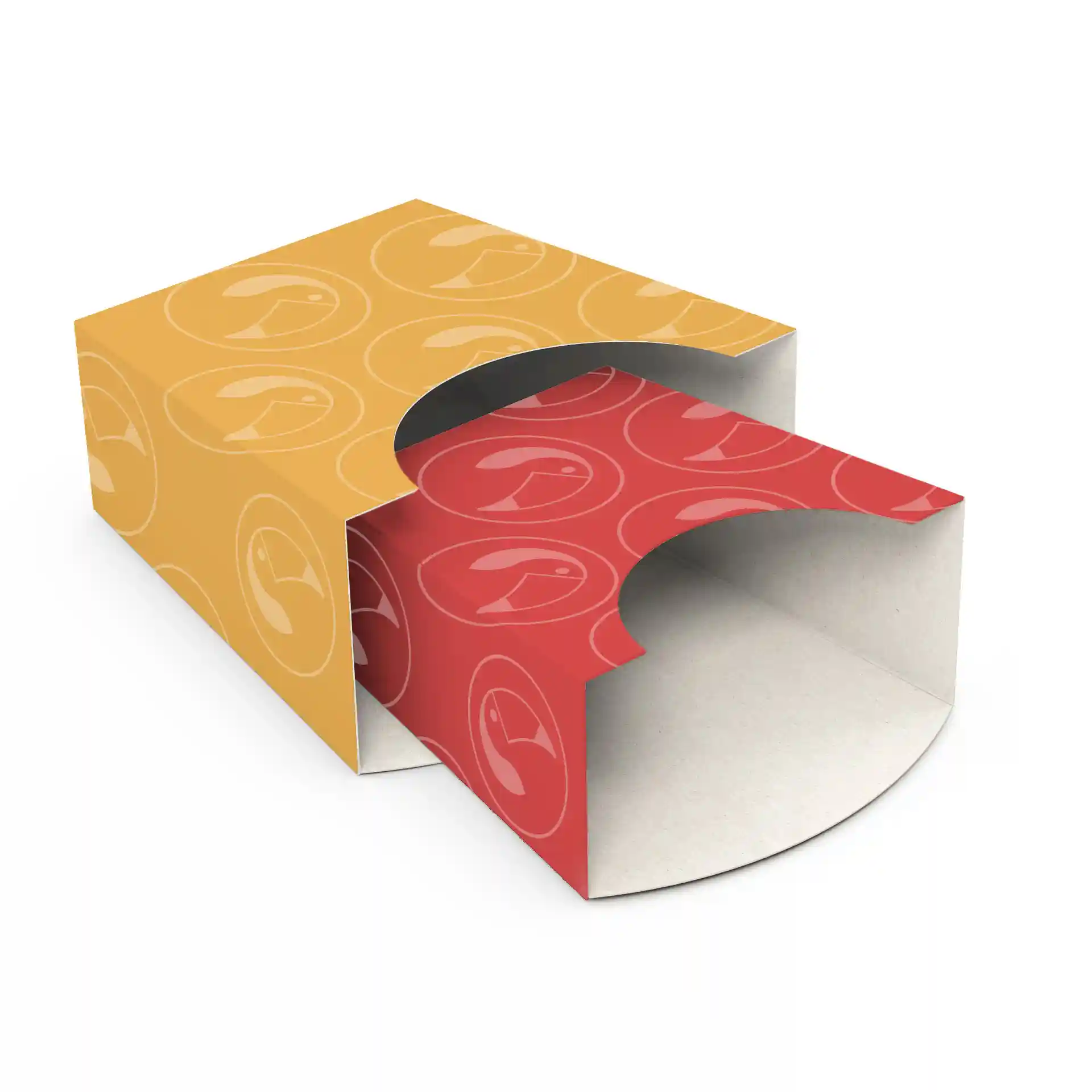 Rectangular custom-printed french fry scoop in yellow and red with an open top, measuring 10 × 5 × 11.3 cm.