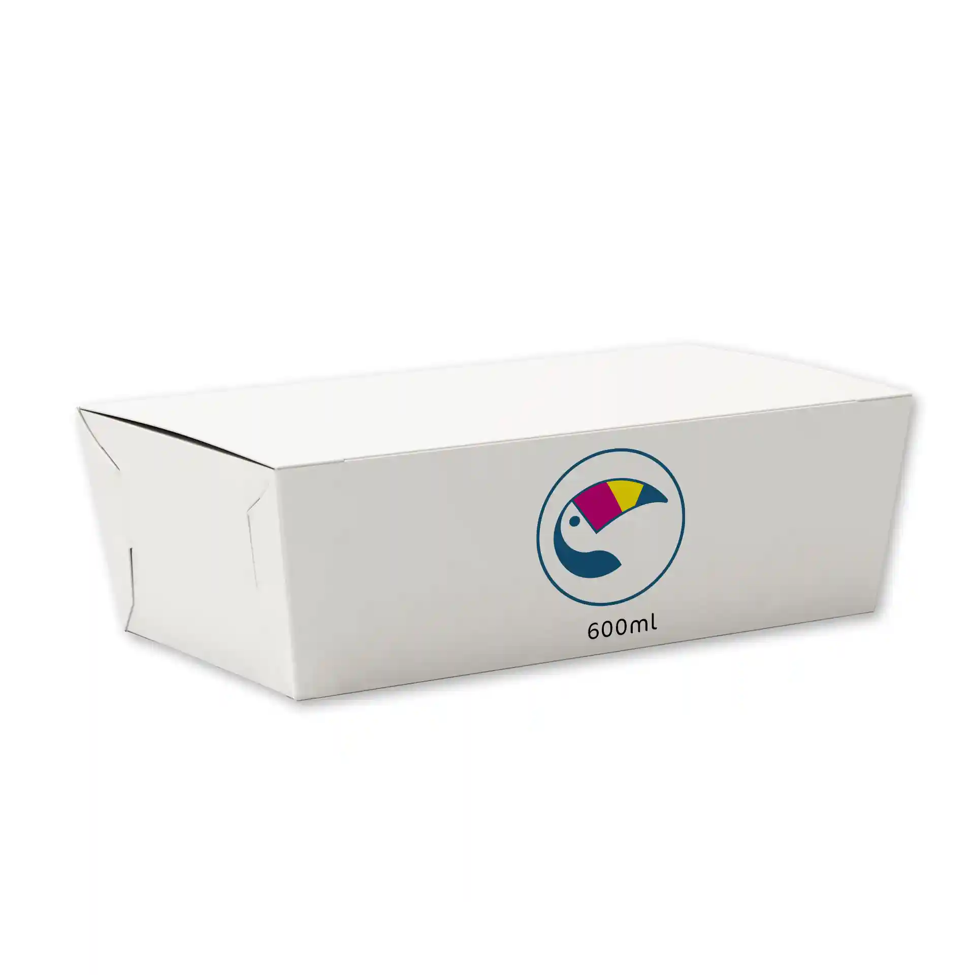 Weiße Snackbox mit bedrucktem Logo und einem Fassungsvermögen von 600 ml, schräg gezeigt.