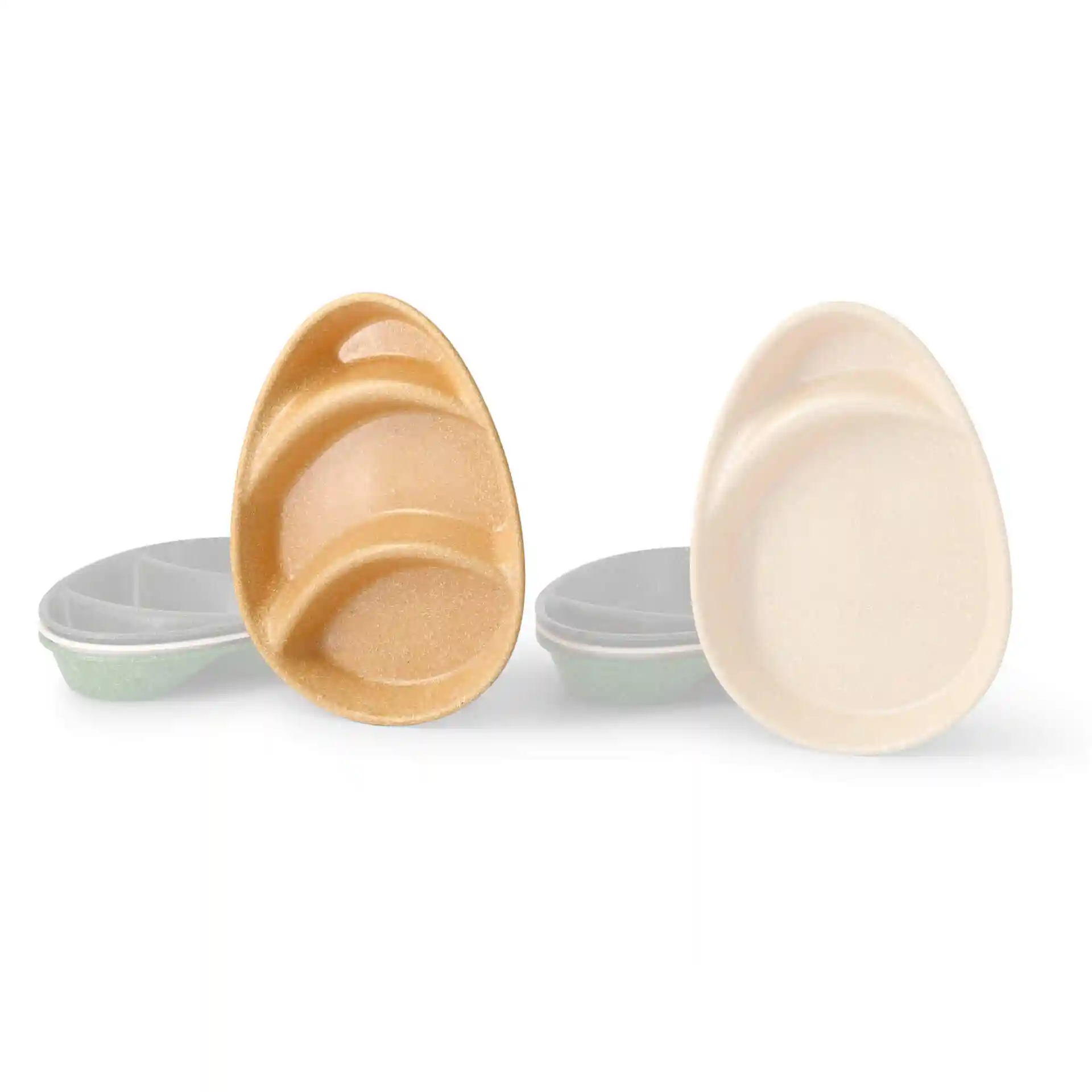 Reusable menu plates in caramel brown with three compartments, measuring 27.5 x 20 cm.