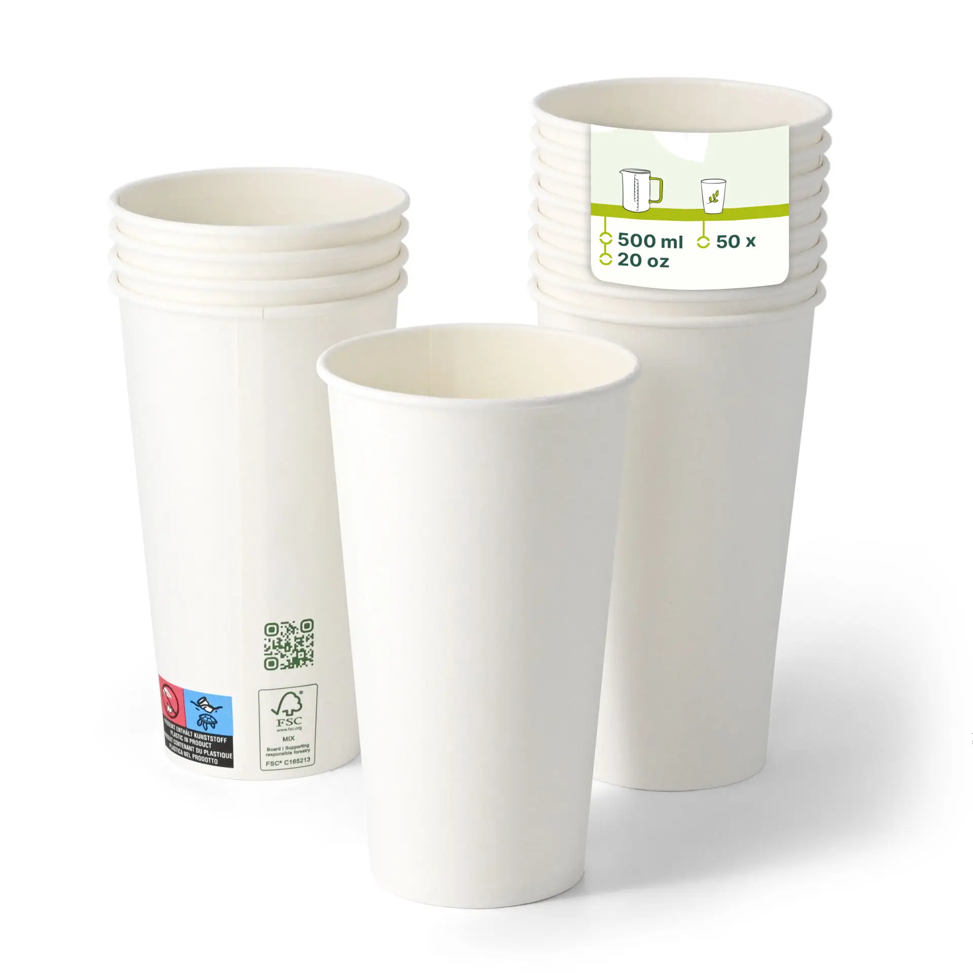 Weißer Pappbecher mit PLA-Beschichtung, geeignet für heiße und kalte Getränke, stapelbar, 500 ml Kapazität.