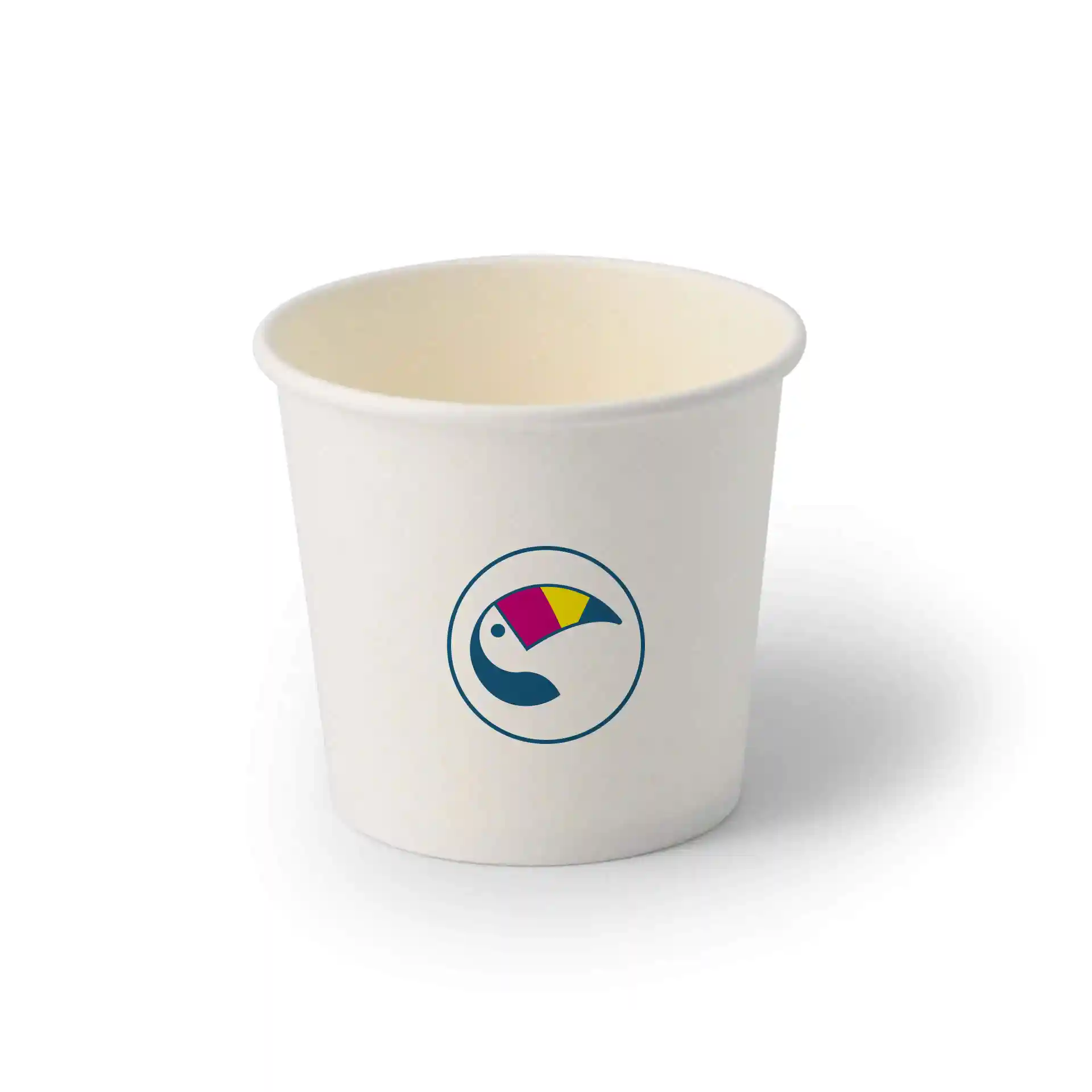 White cardboard cup with a round shape and a colorful toucan logo, holding 250 ml.