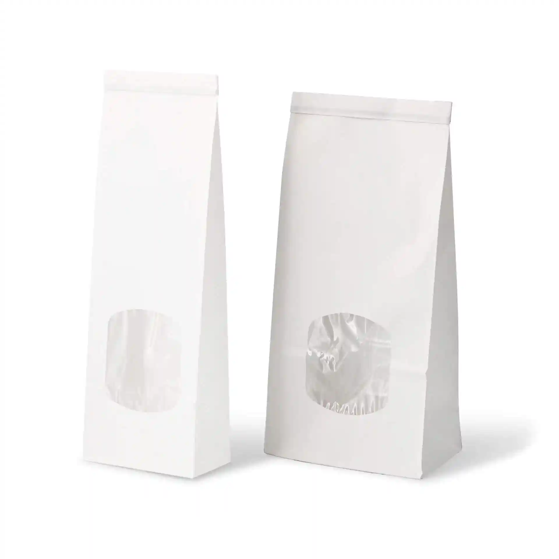 White block bottom bags with a transparent window, featuring a tin tie closure, measuring 11.5 x 7 x 24.5 cm.