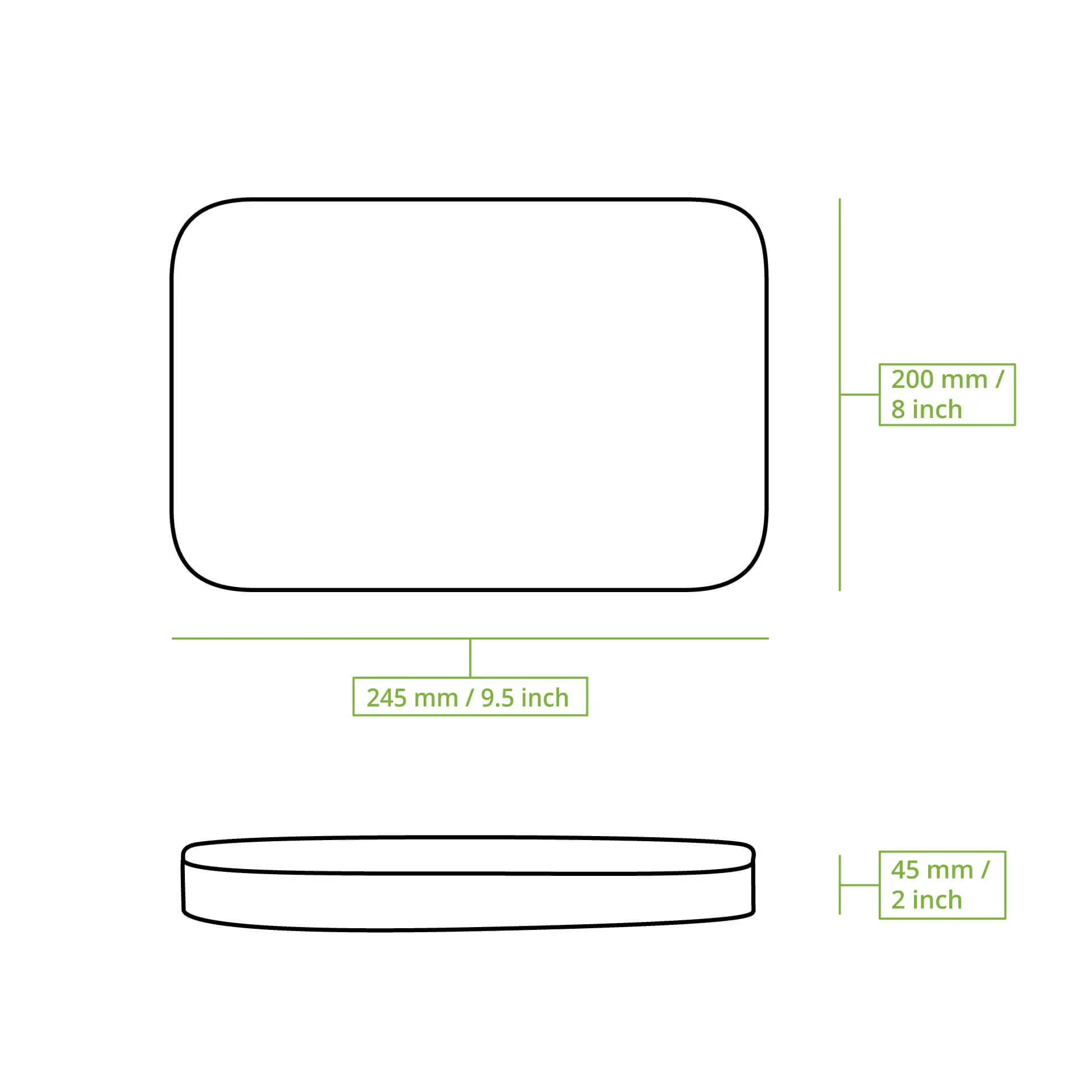 Schematische Zeichnung eines rechteckigen Behälters mit den Abmessungen 245 mm x 200 mm und einer Höhe von 45 mm.