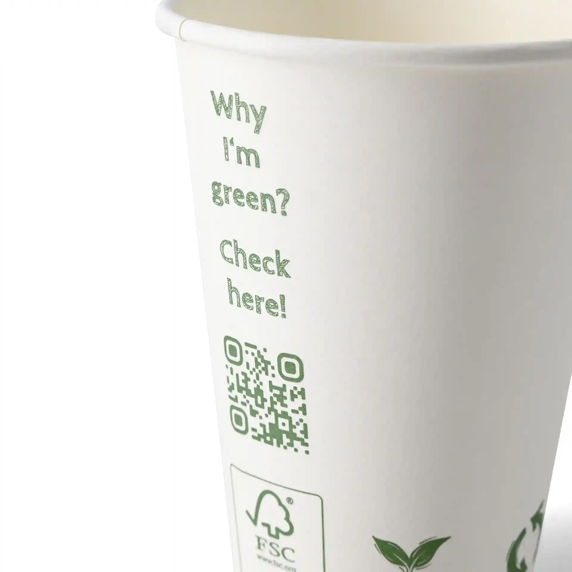 Weißer Einwand-Becher mit grünem Druck und QR-Code, 180 ml Fassungsvermögen, 70 mm Durchmesser.