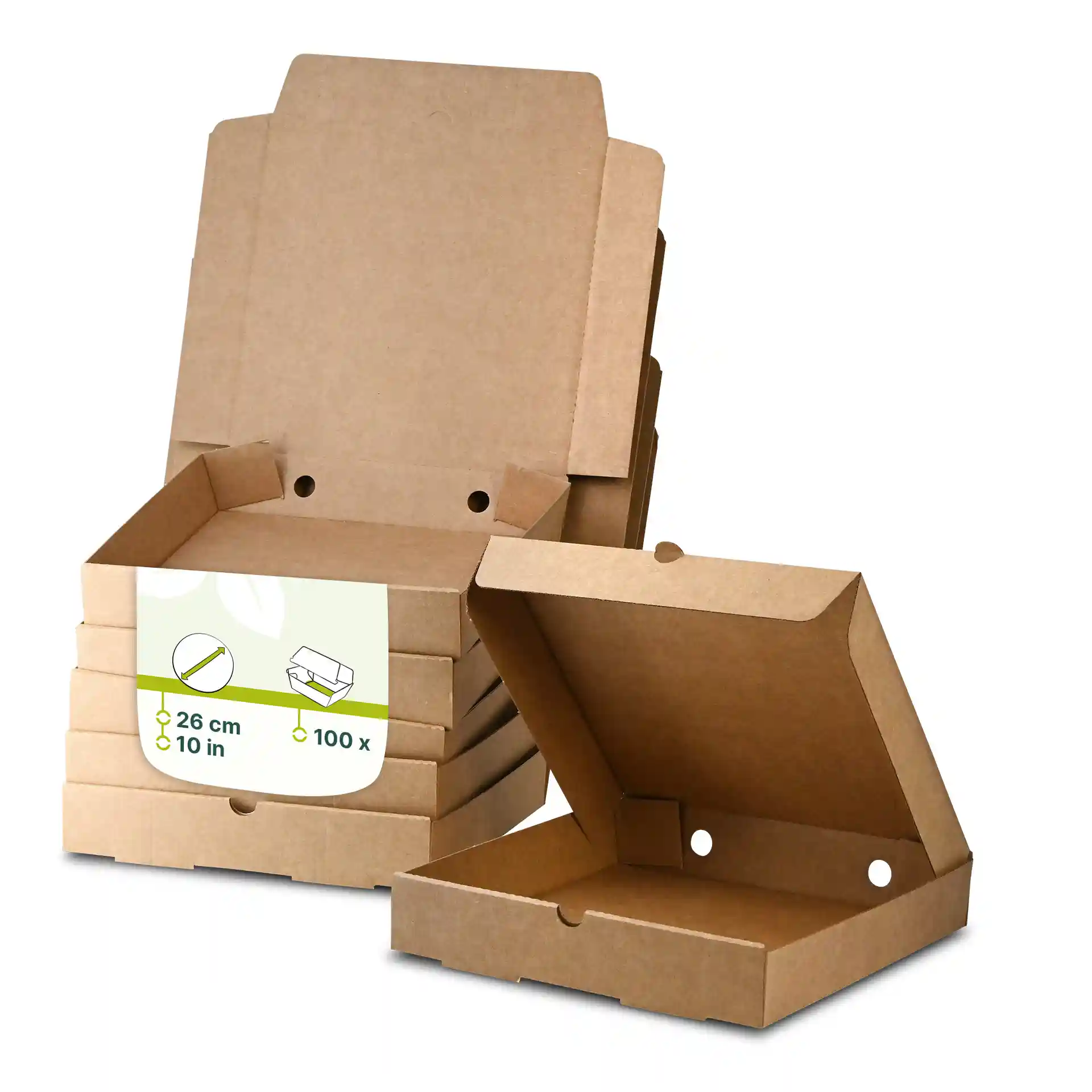 Brown cardboard pizza boxes stacked, with one box open showing the interior; dimensions are 26 cm by 26 cm.