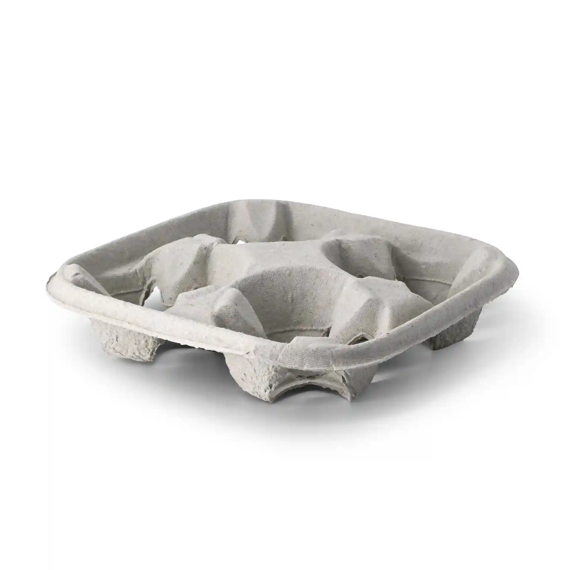 Unbleached paperboard quadruple cup holder with four compartments, square shape, and no coating.