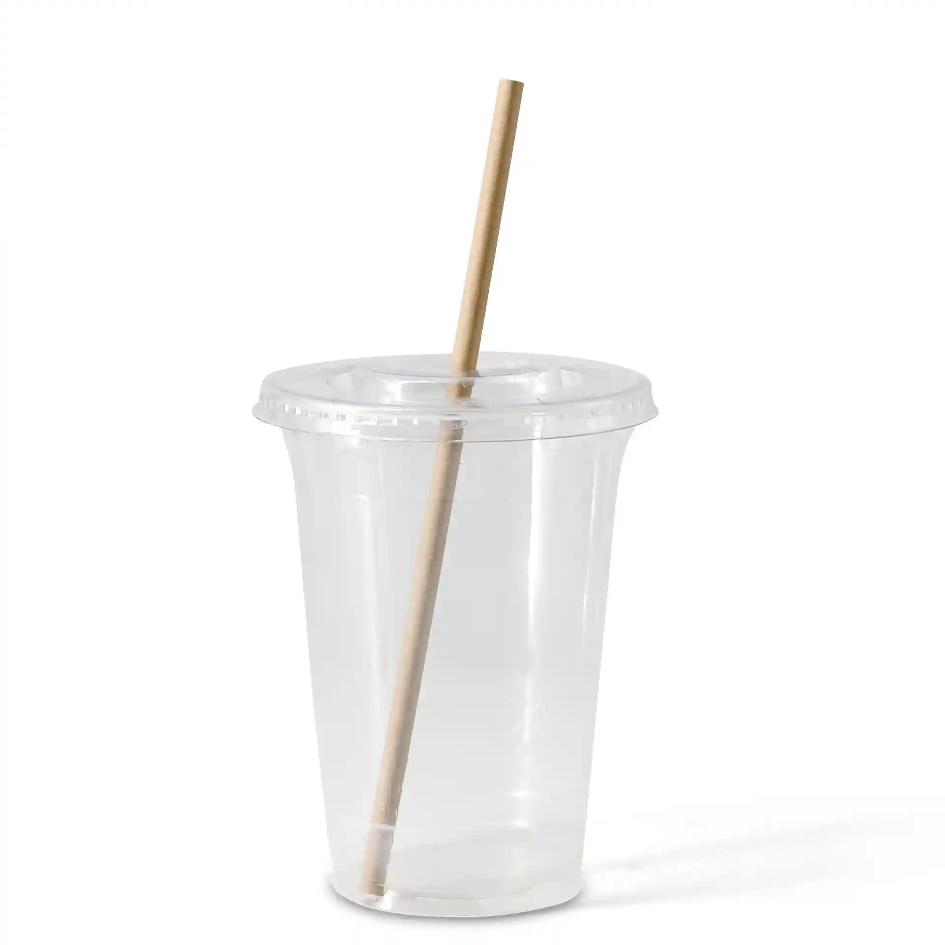 Clear plastic cup with a lid and a brown paper straw inserted.