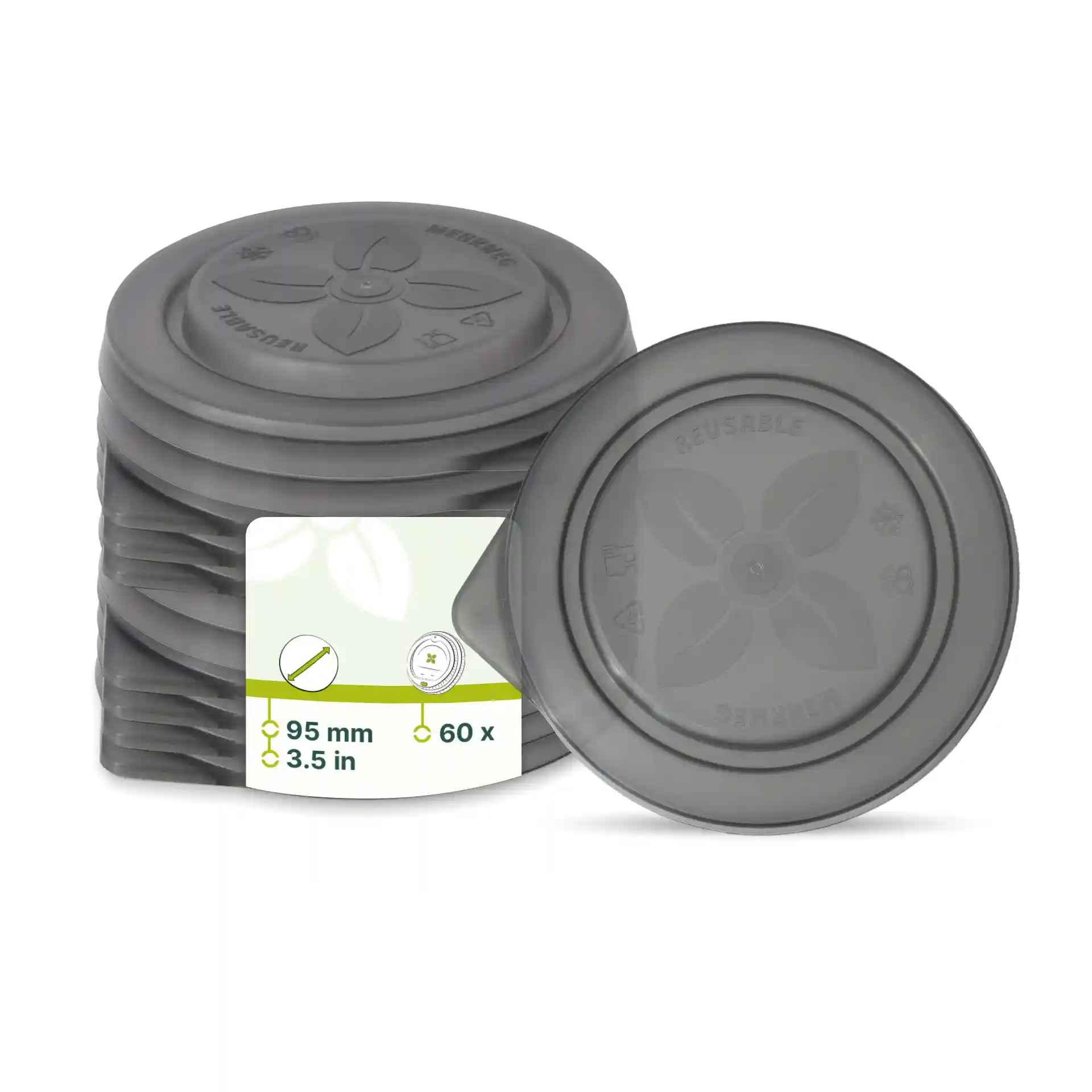 Stack of grey reusable lids with a diameter of 95 mm, showing one lid on the side and a label with details.