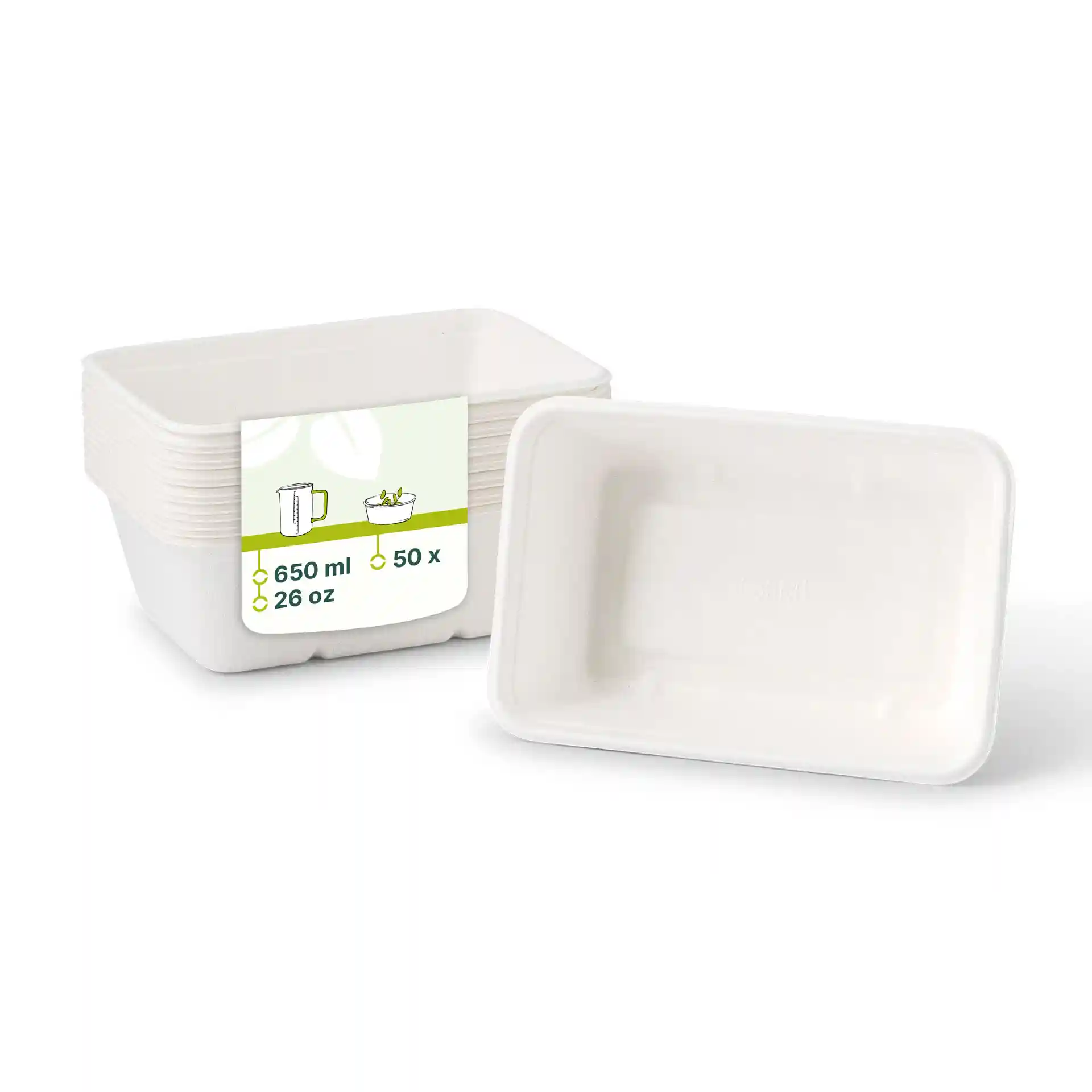 Rectangular white sugarcane bowl with dimensions 17 x 12 x 6 cm, shown with a label indicating 650 ml capacity.