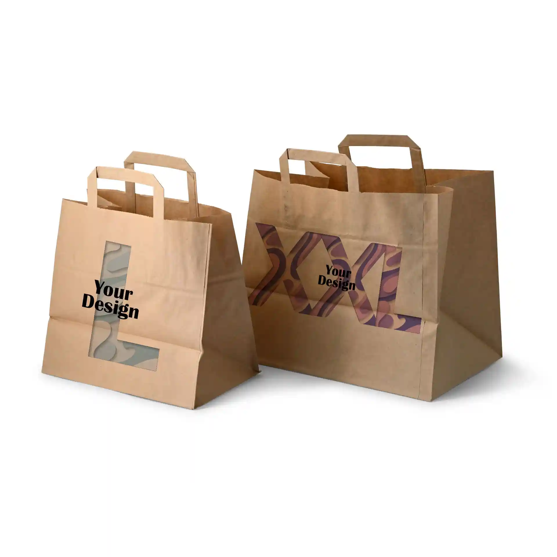 Two brown paper carrier bags with handles, one smaller with a window and the other larger with a patterned design.