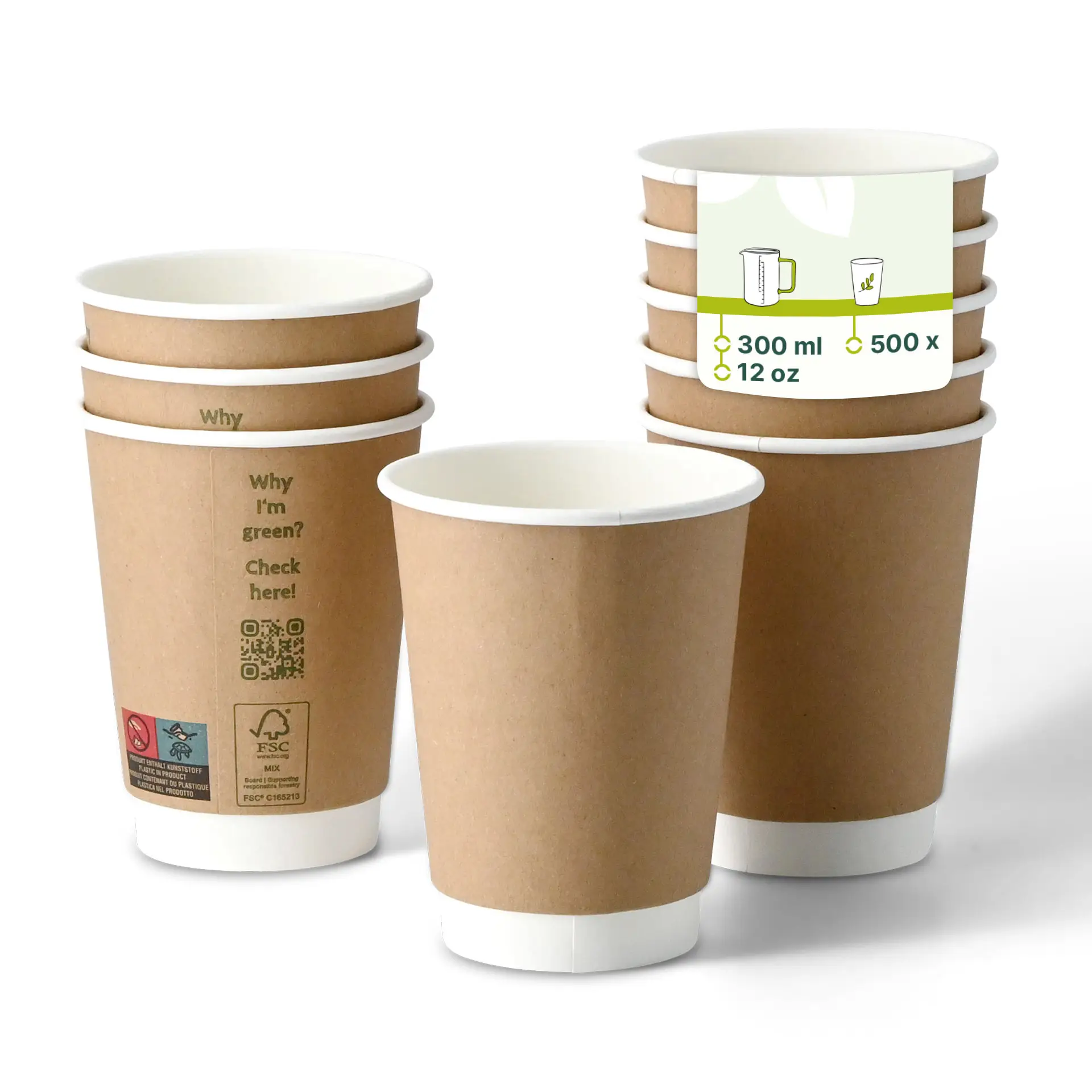 Kaffee to go Becher, 300 ml / 12 oz, Ø 90 mm, doppelwandig, braun / innen weiß, PLA-beschichtet