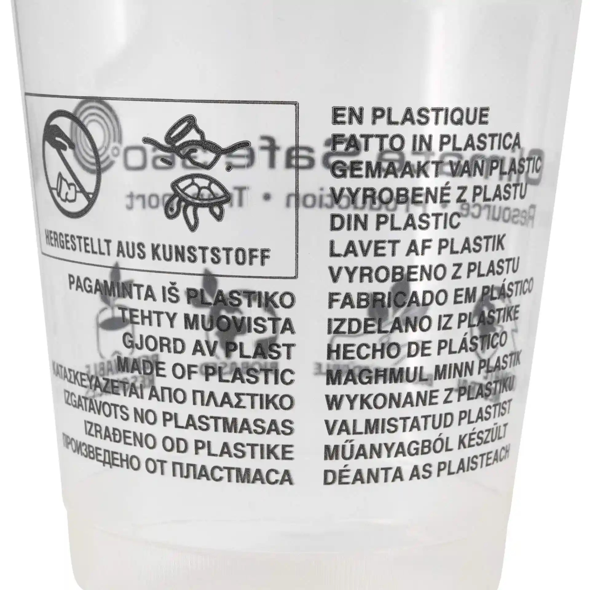 Transparenter Becher mit bedruckten mehrsprachigen Etiketten und Symbolen, aus PLA, 16 oz Fassungsvermögen.