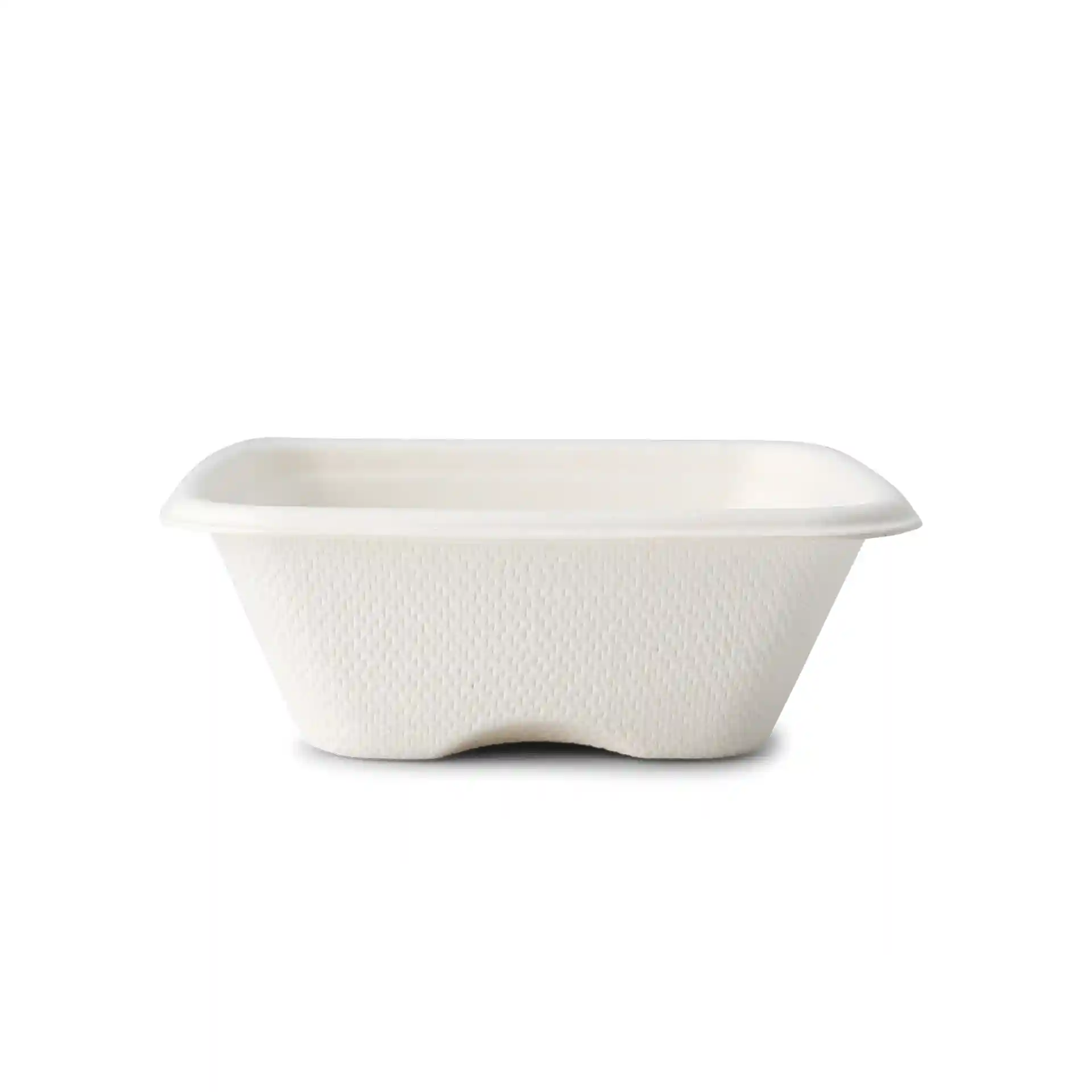 Square white bagasse portion cup, 70 ml, measuring 81 x 81 x 27 mm, with a textured surface.