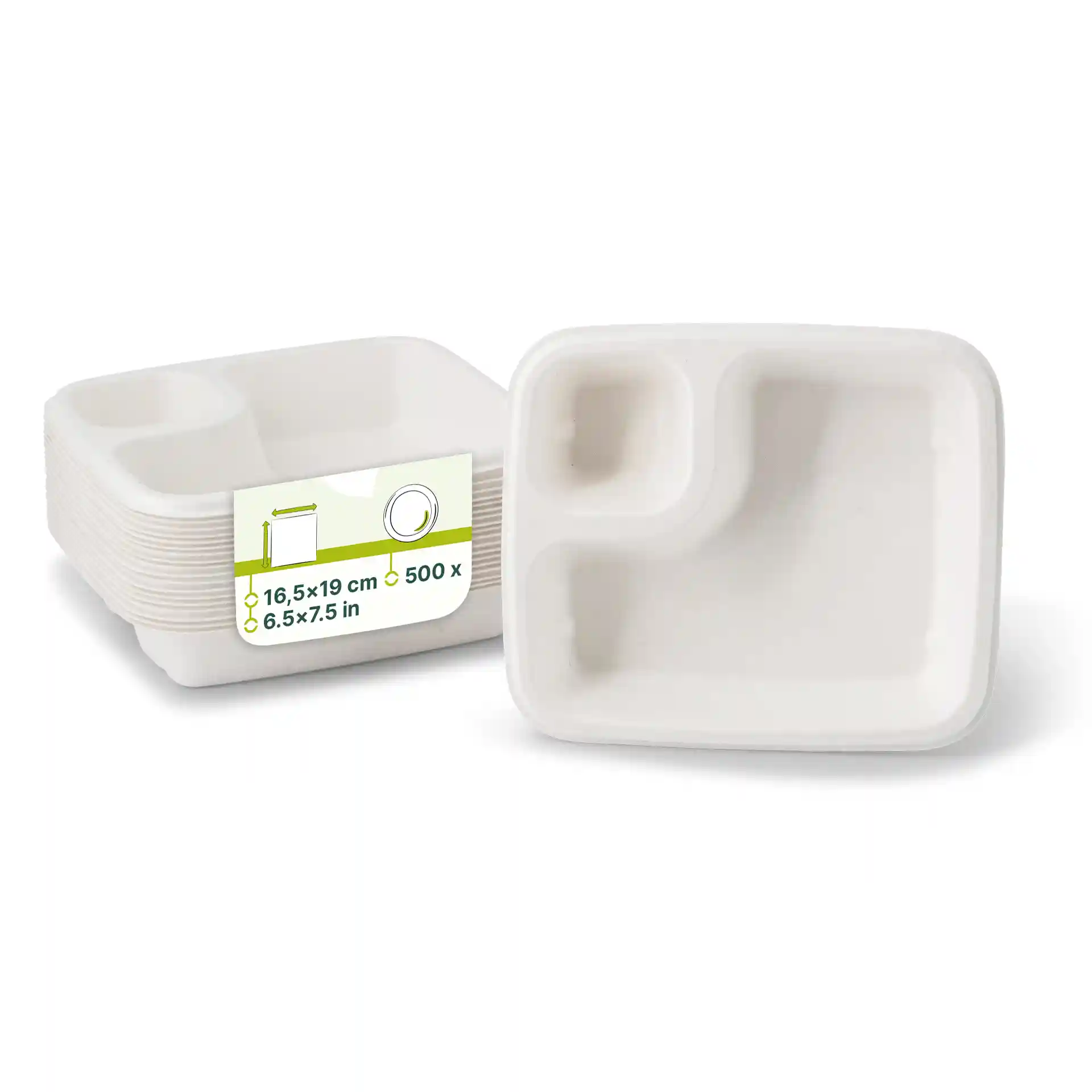 Rectangular white sugarcane dip plates with two compartments, shown stacked with a label displaying dimensions and quantity.