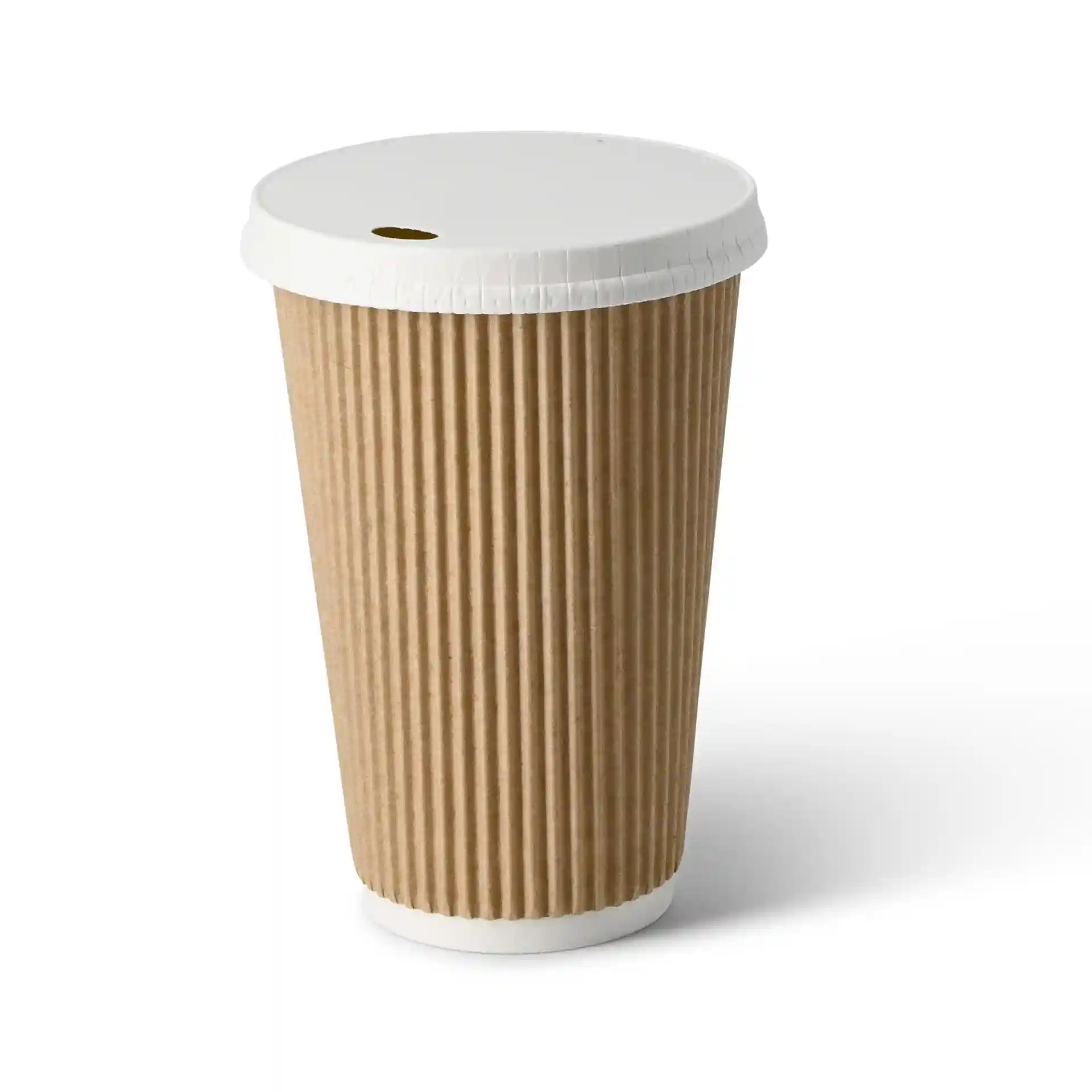 Brauner Wellpappbecher mit weißem Deckel, 16 oz Fassungsvermögen, runde Form, aus Karton.