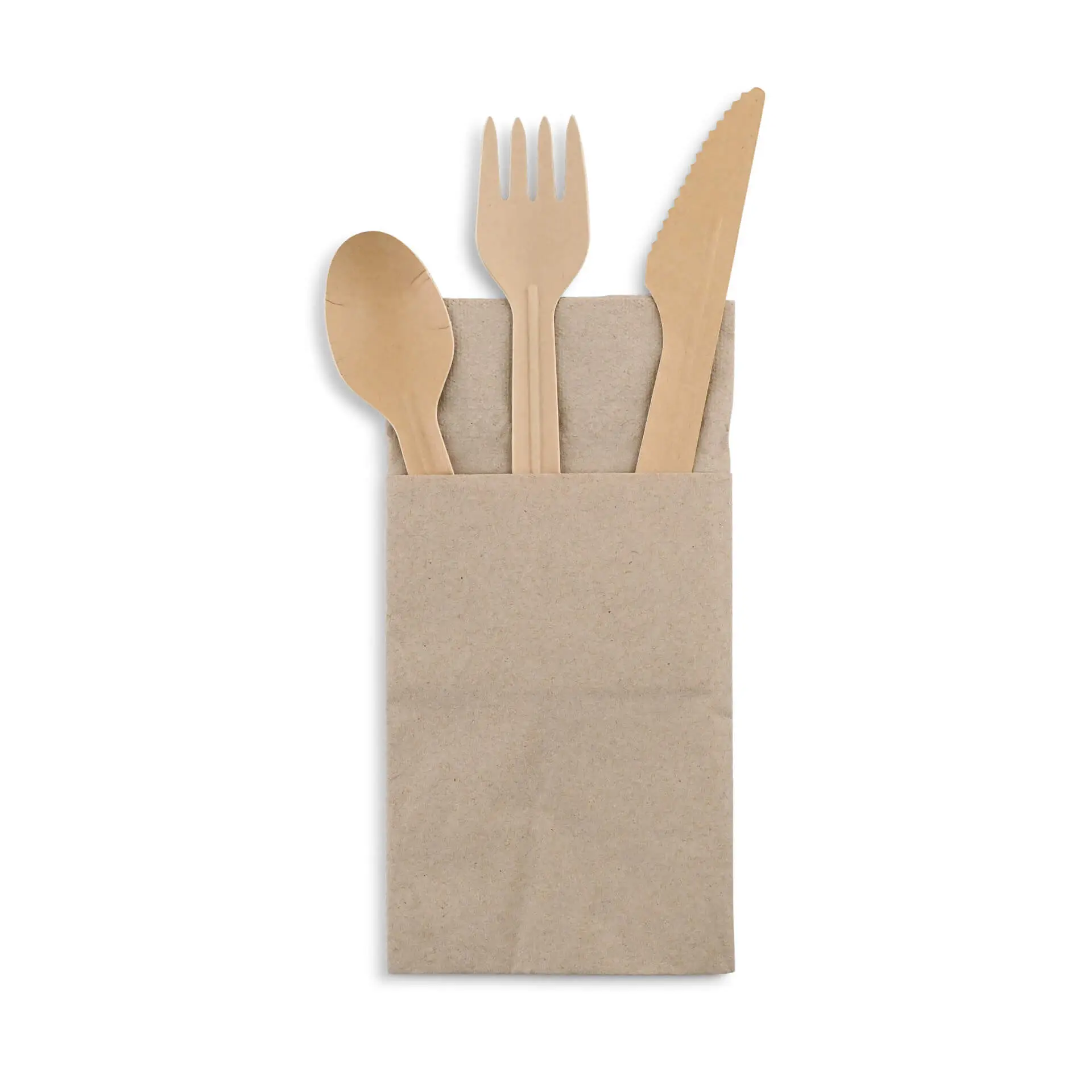 Brown paper pouch containing a spoon, fork, and knife, with a visible recycling symbol on the bottom.