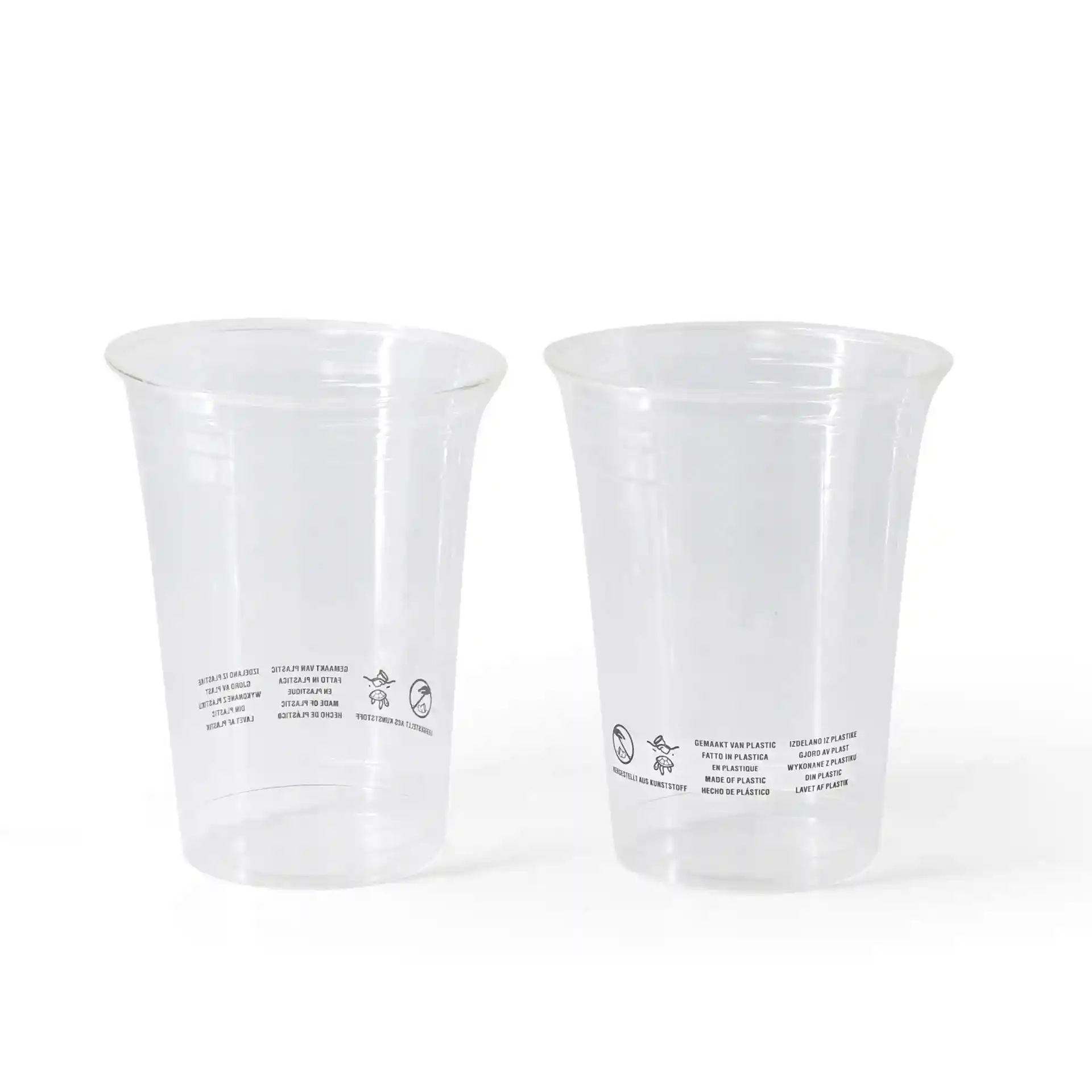 Klare PLA-Plastikbecher, 400 ml Fassungsvermögen, mit sichtbaren Markierungen an der Seite, zwei Becher abgebildet.