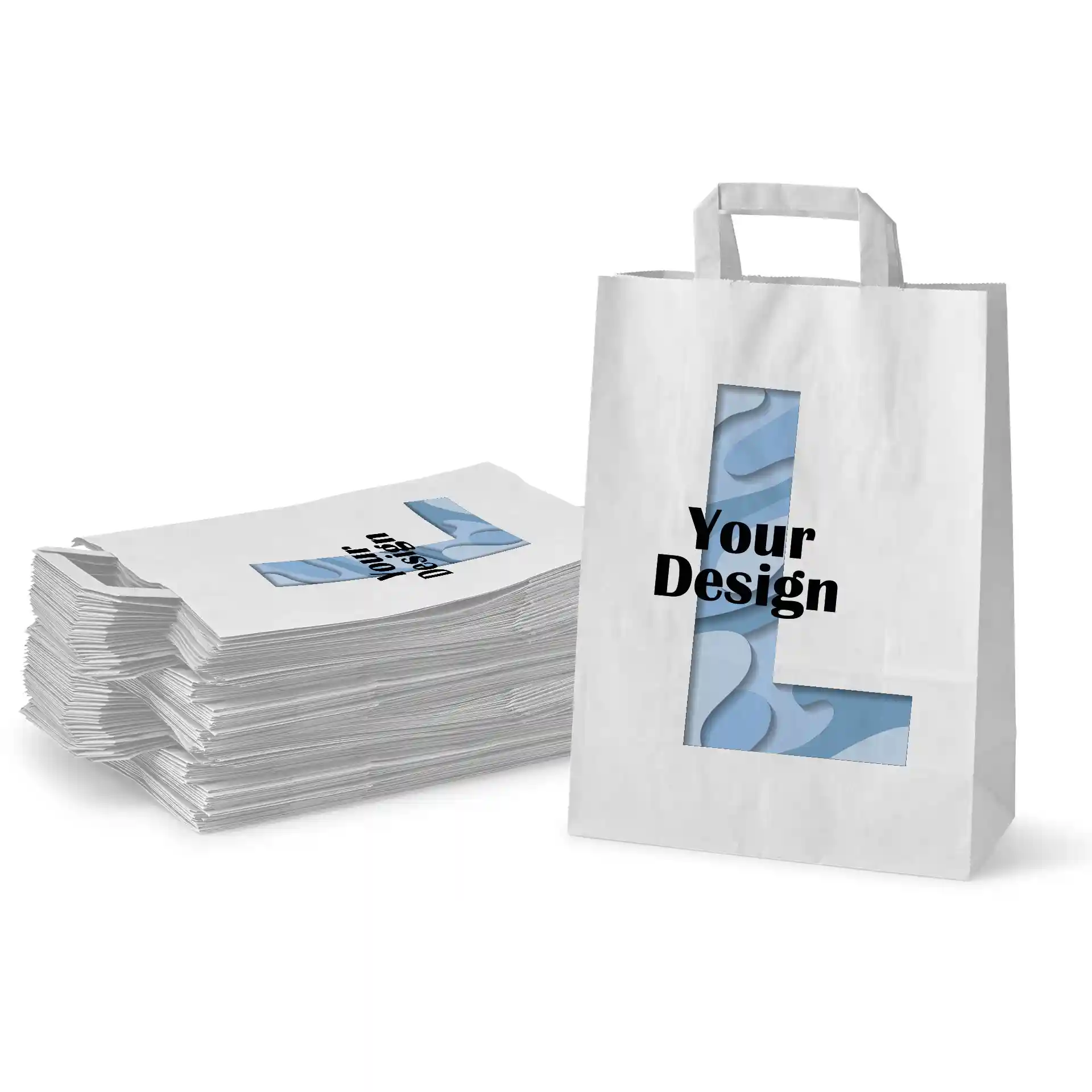 Weiße Tragetasche aus Papier in rechteckiger Form mit Ausschnittdesign und gestapelten Taschen im Hintergrund.