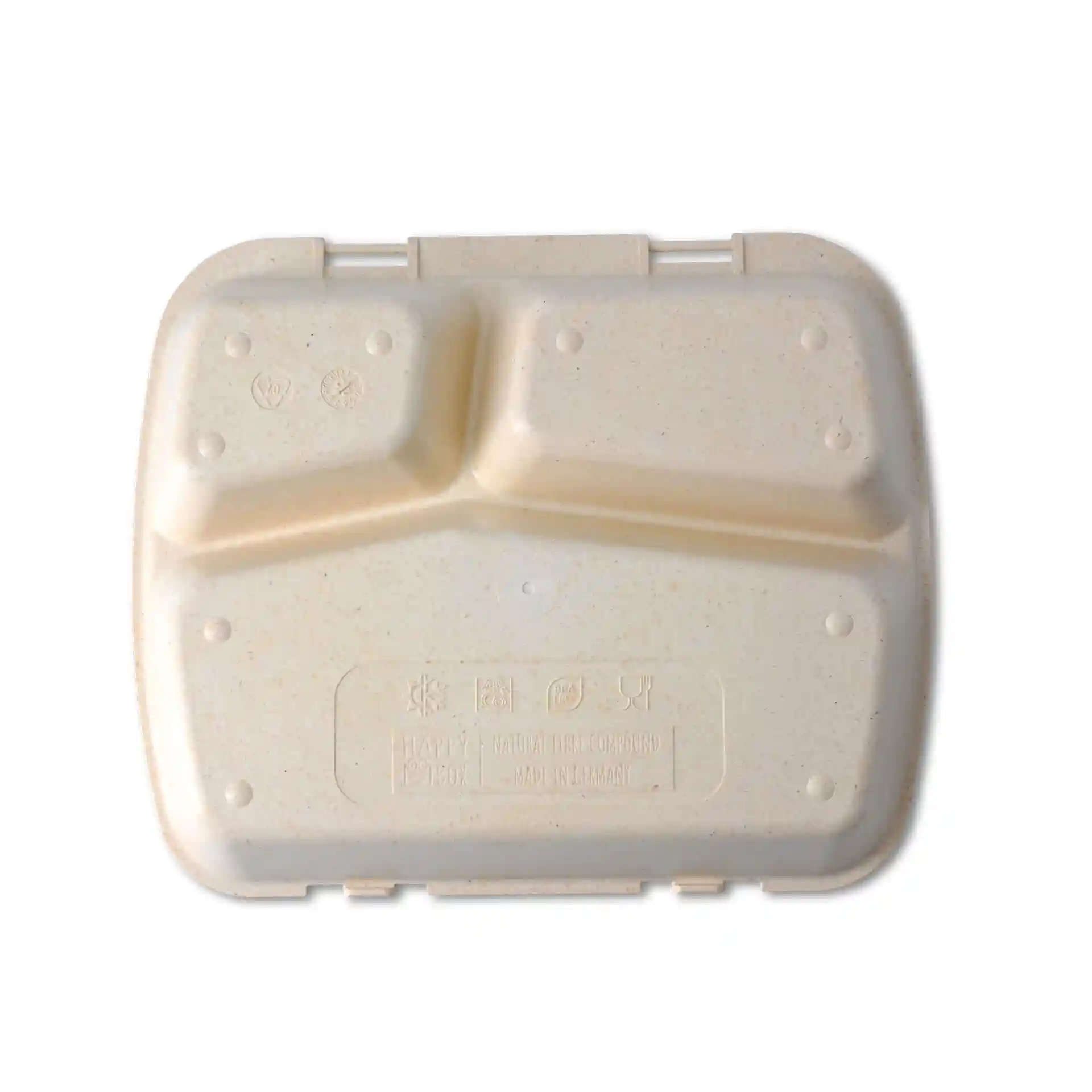 Reusable meal container with three compartments, cream white color, dimensions 24.5 x 20 x 4.5 cm.