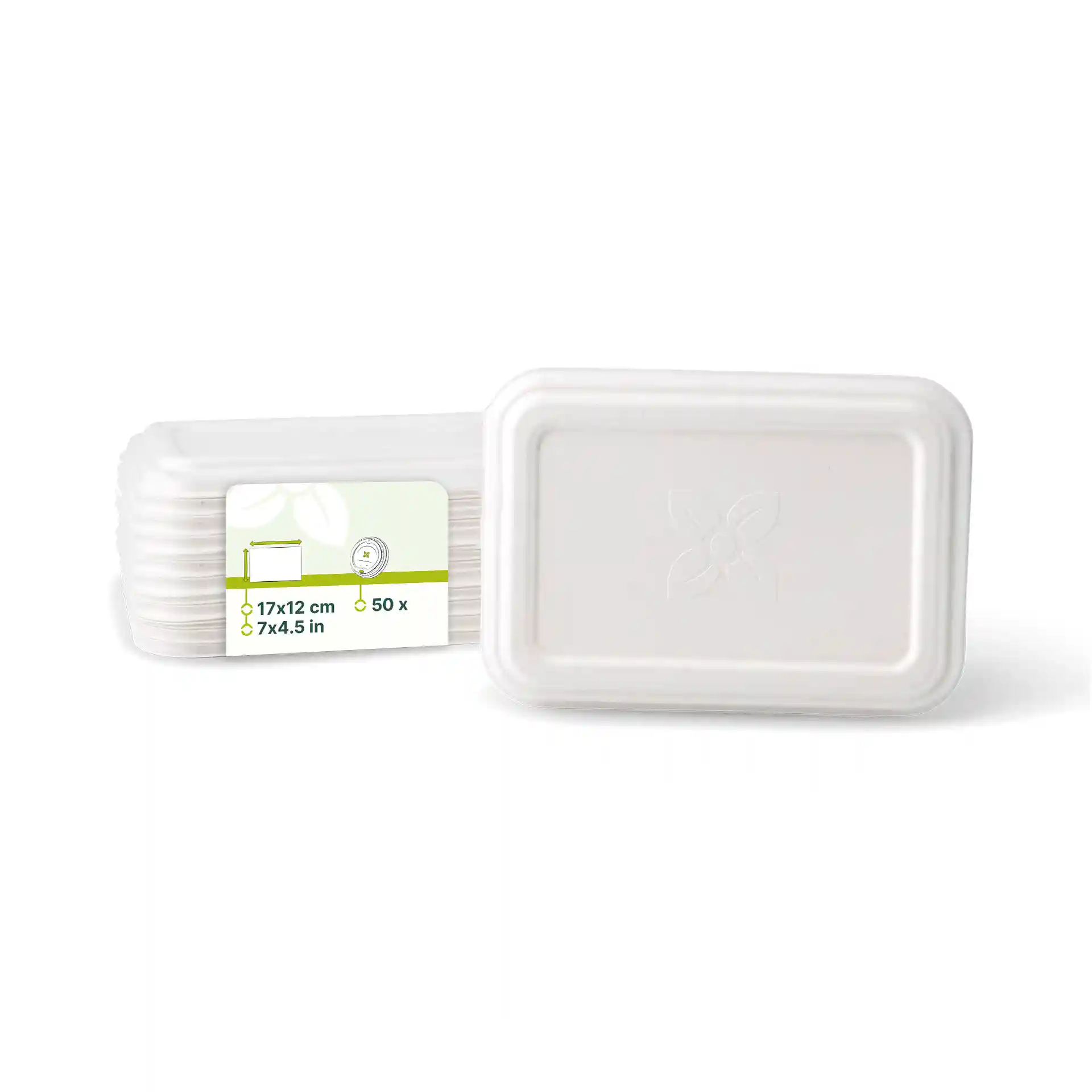 White rectangular sugarcane lids measuring 17 x 12 cm, stacked with a label showing dimensions and quantity.