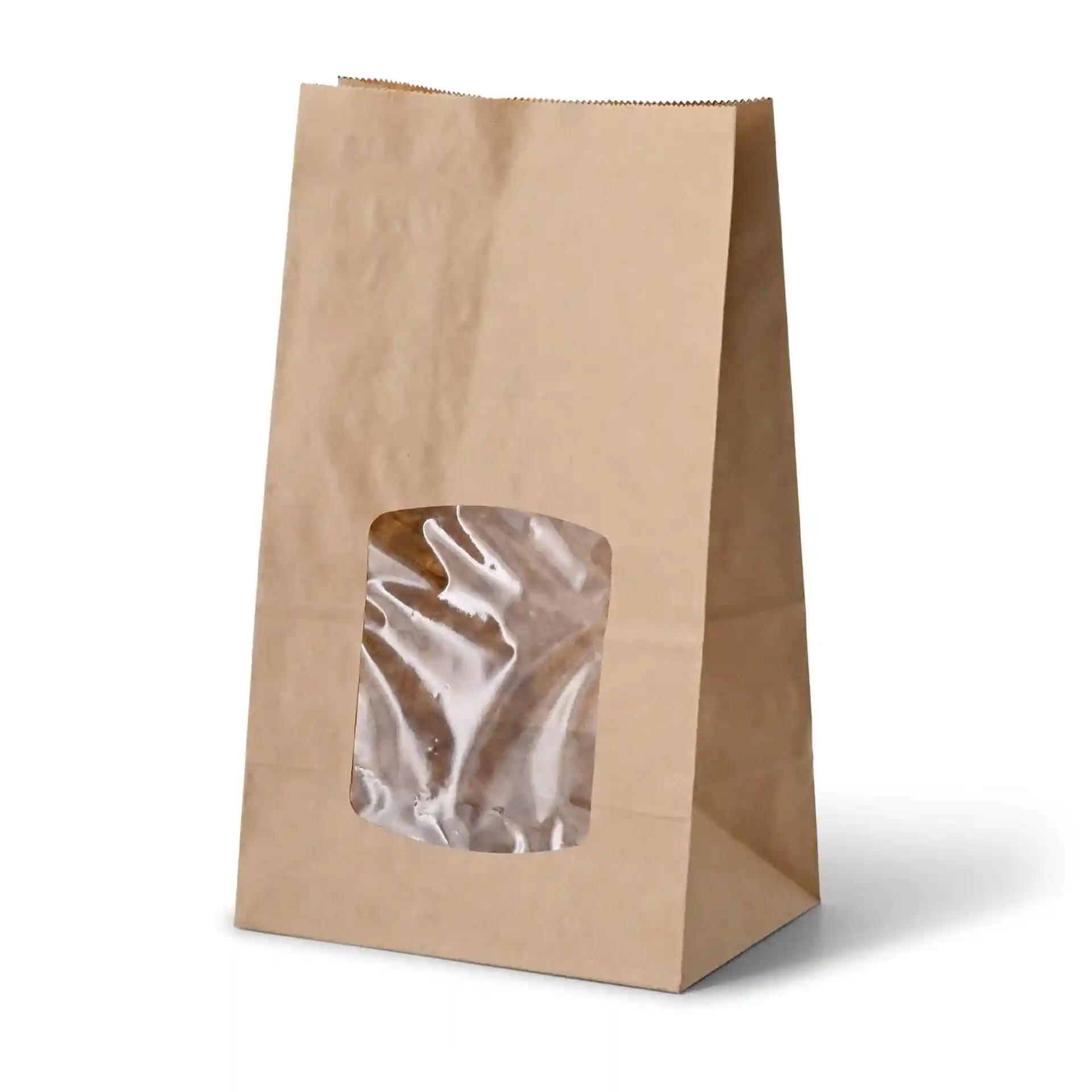 Brown kraft paper bag with a transparent PLA window, block bottom design, dimensions 15 x 10 x 25 cm.