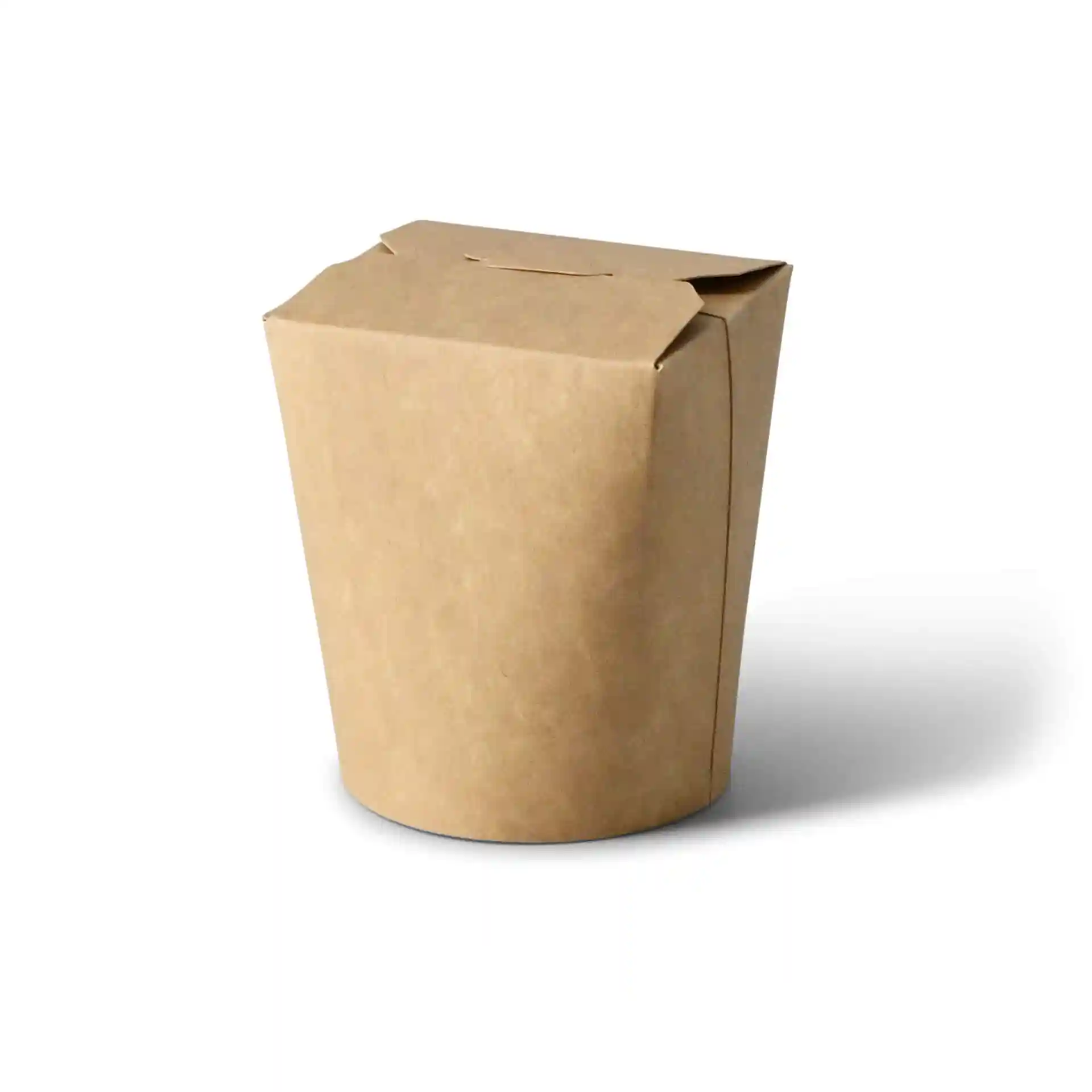 Braune Pappnudelbox in runder Form mit Klappenverschluss, Fassungsvermögen 400 ml.