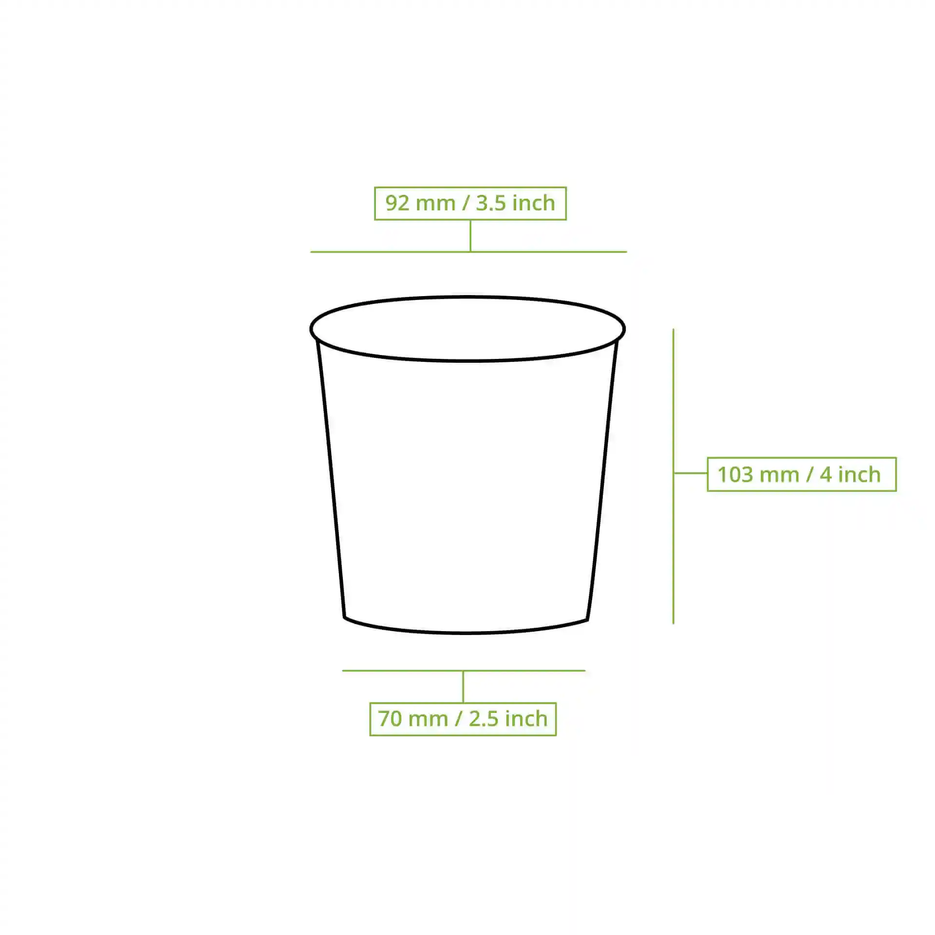 Schematische Zeichnung eines runden Papier-Eisbechers mit Abmessungen: 92 mm Durchmesser, 105 mm Höhe und 70 mm Basisdurchmesser.