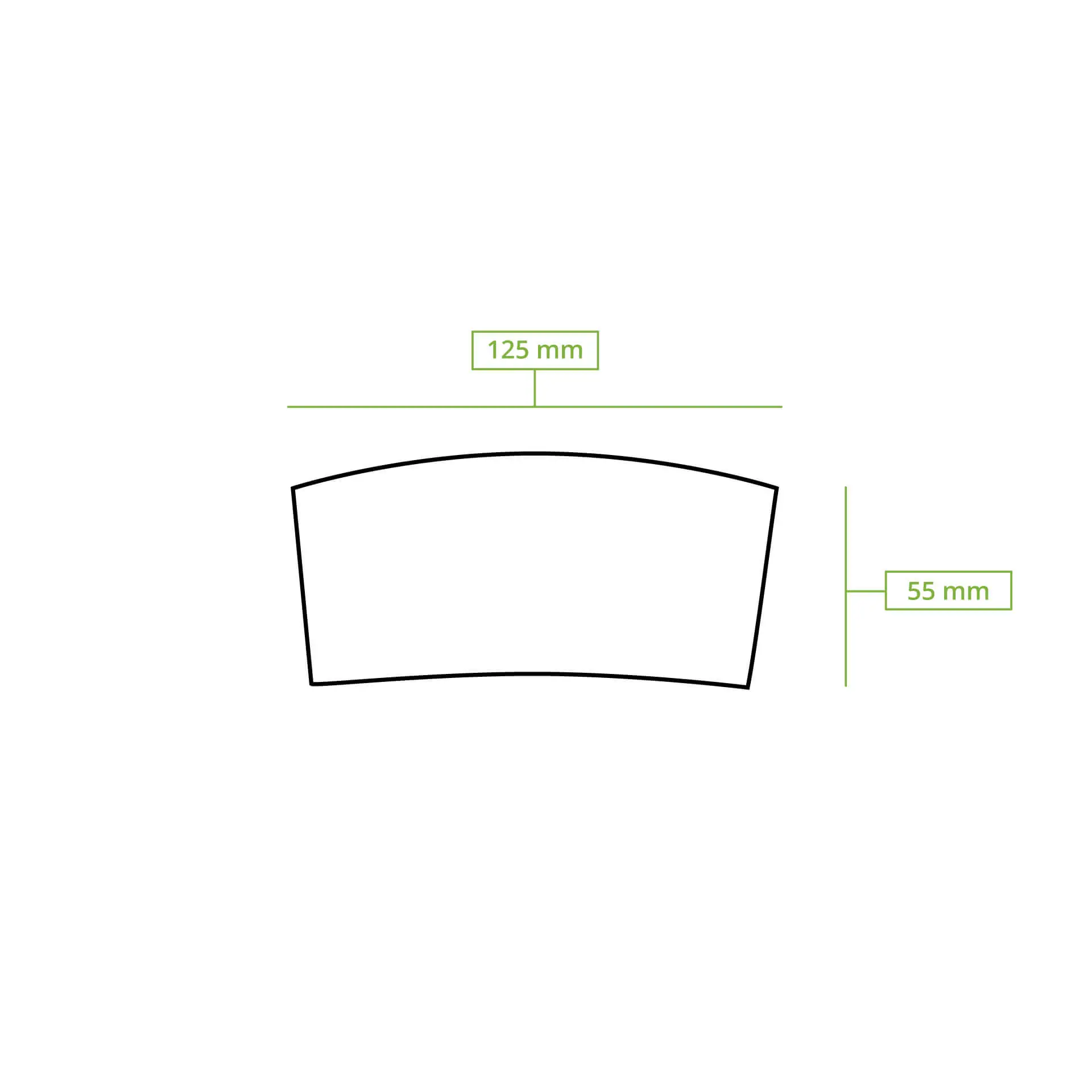 Schematische Zeichnung eines Bechersleeves mit Abmessungen von 125 mm Breite und 55 mm Höhe.