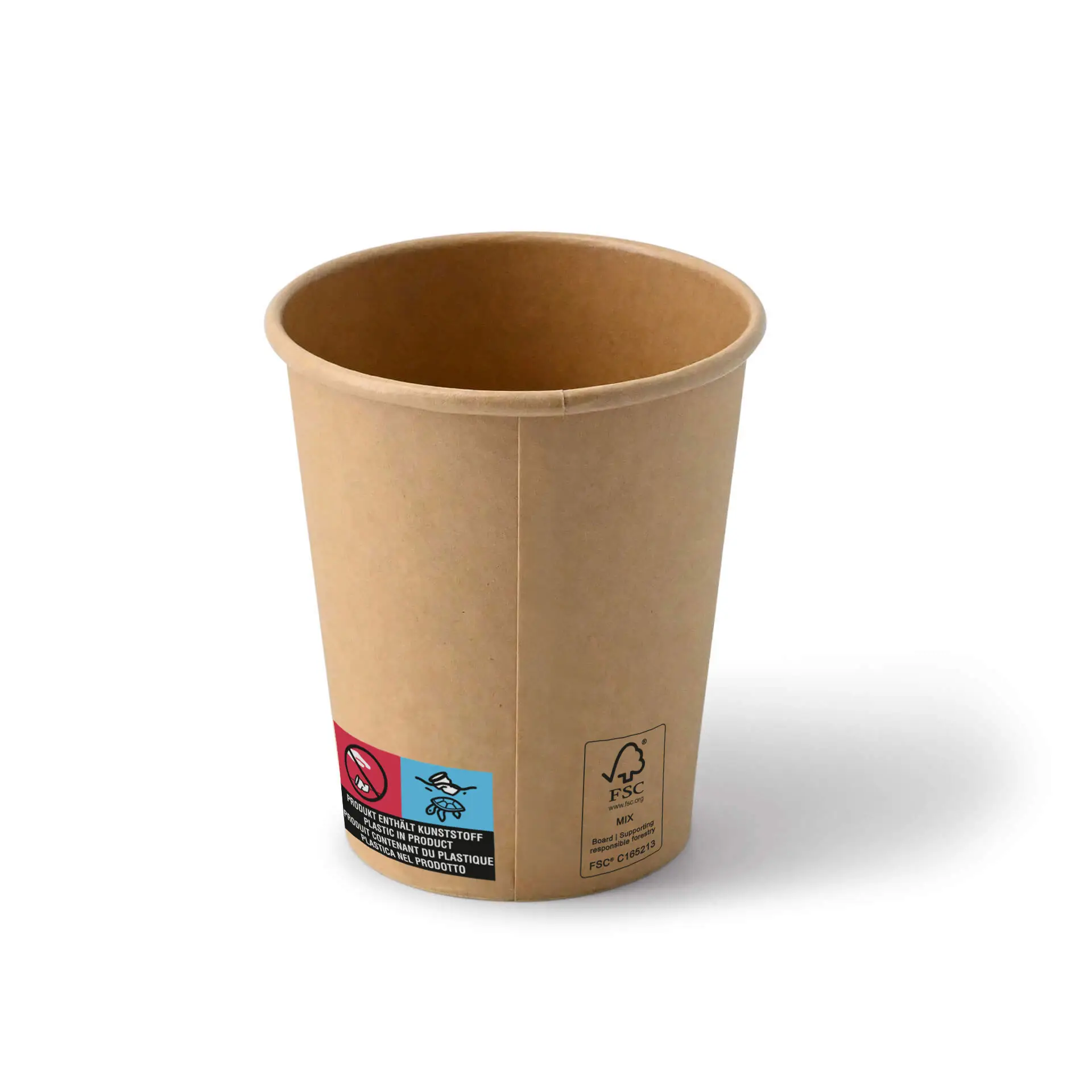Brown paper cup, 8 oz, with a classic design and PE coating; suitable for various beverages. Includes eco-friendly labels.