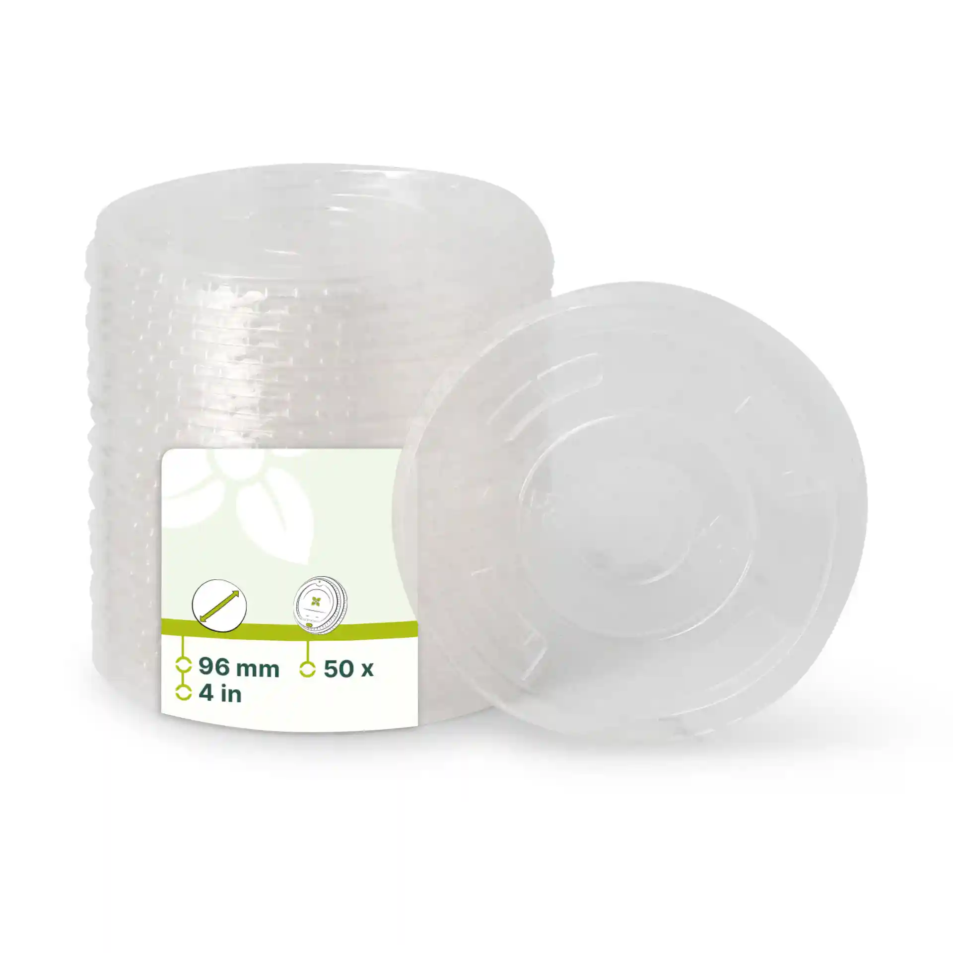 Transparent PLA flat lid with a diameter of 96 mm, shown stacked with one lid on top.