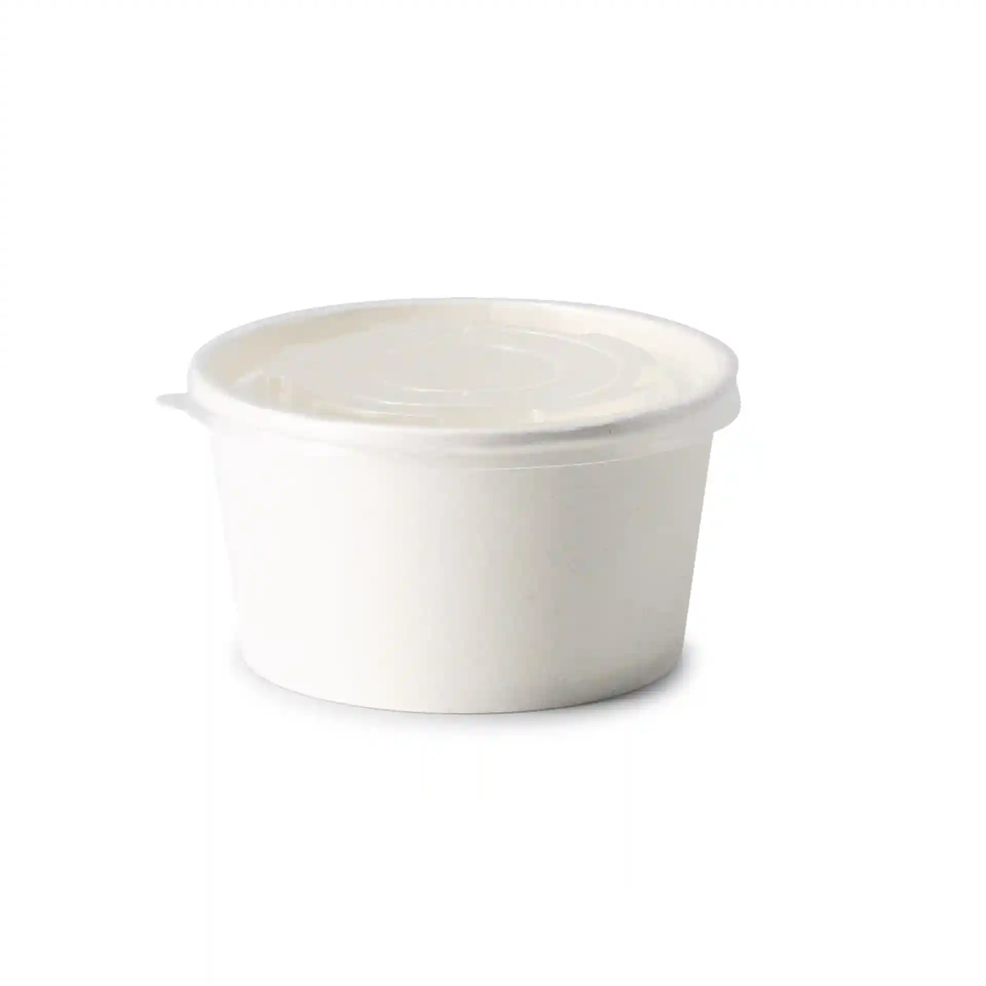 Round white cup with a transparent lid, designed for universal use, on a plain background.