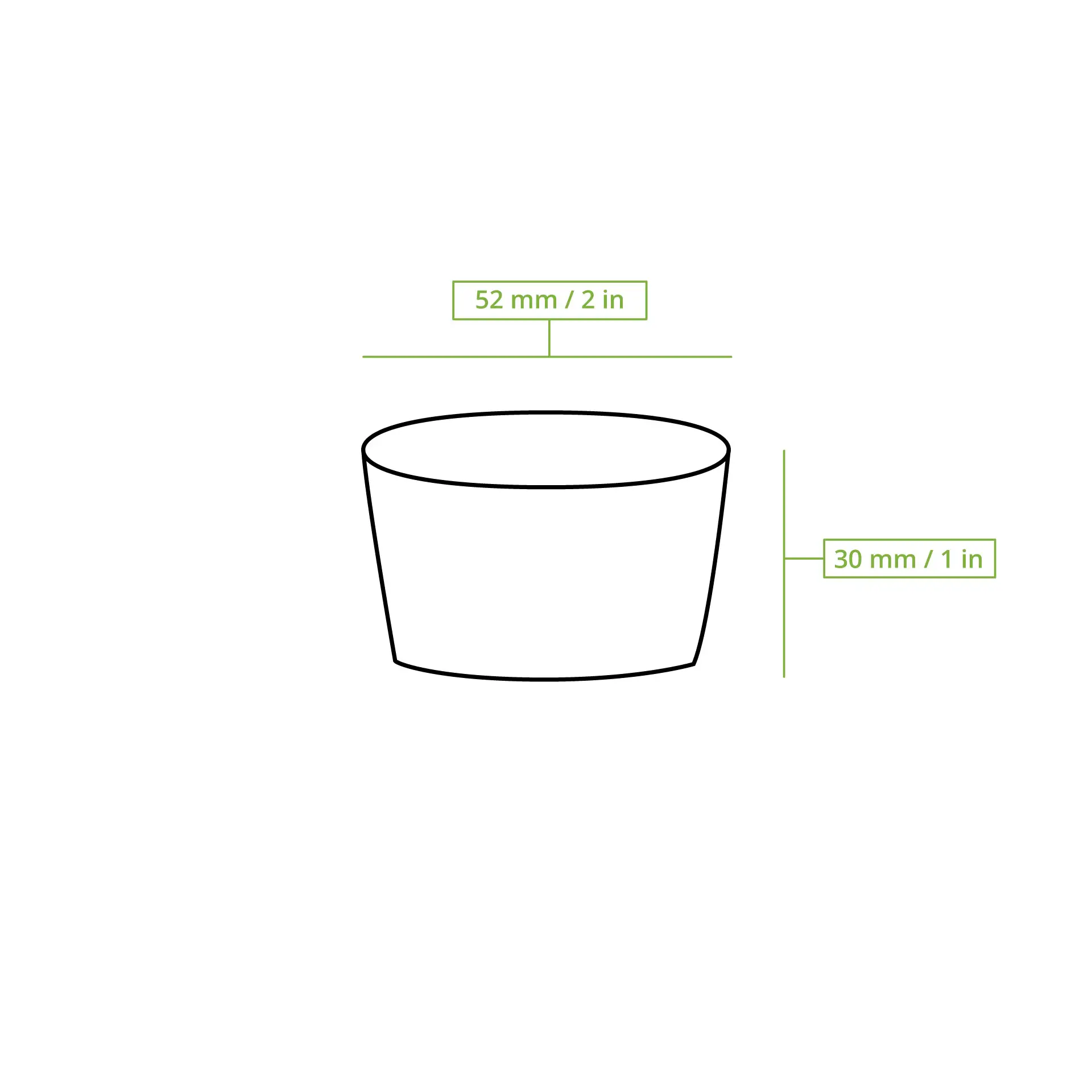 Schematische Zeichnung eines Bechers mit Maßen, Höhe 30 mm und oberer Durchmesser 52 mm.